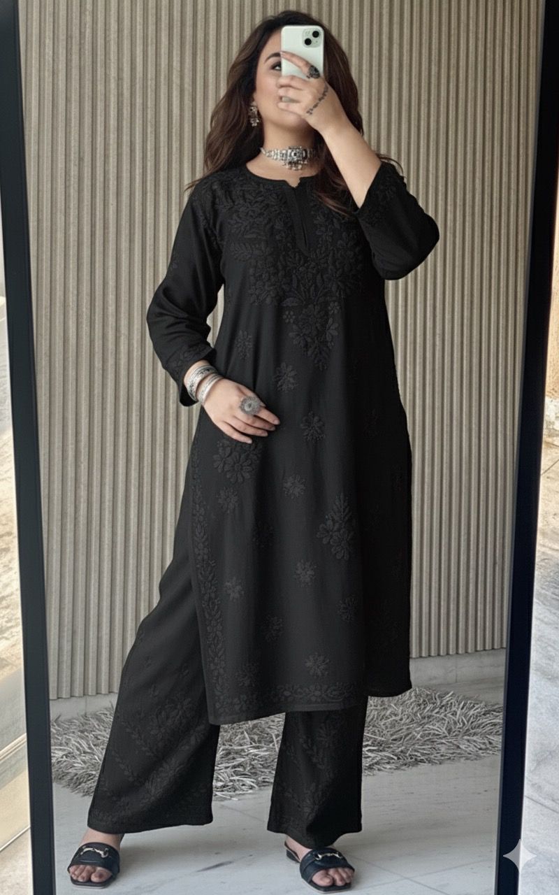 Black Lucknow Chikankari Rayon Kurta Palazzo Co-ord Set with Tone-to-Tone Hand Embroidery Plus Size