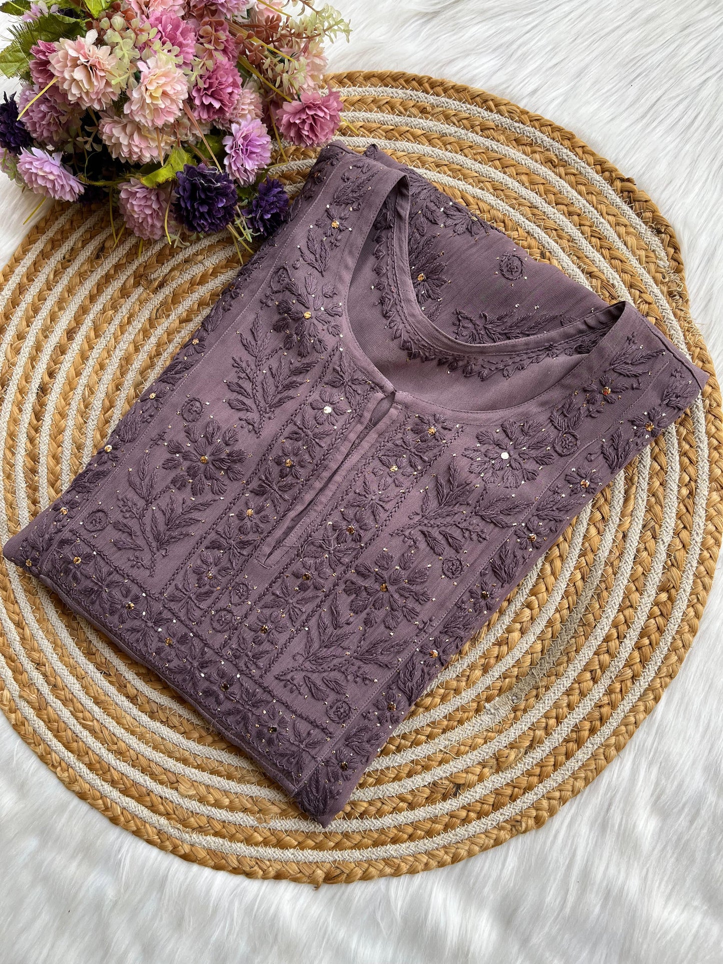 Coffee Grey Premium Viscose Lucknow Chikankari Mukaish Hand Work Nyra Cut Kurti - Inayakhan Shop