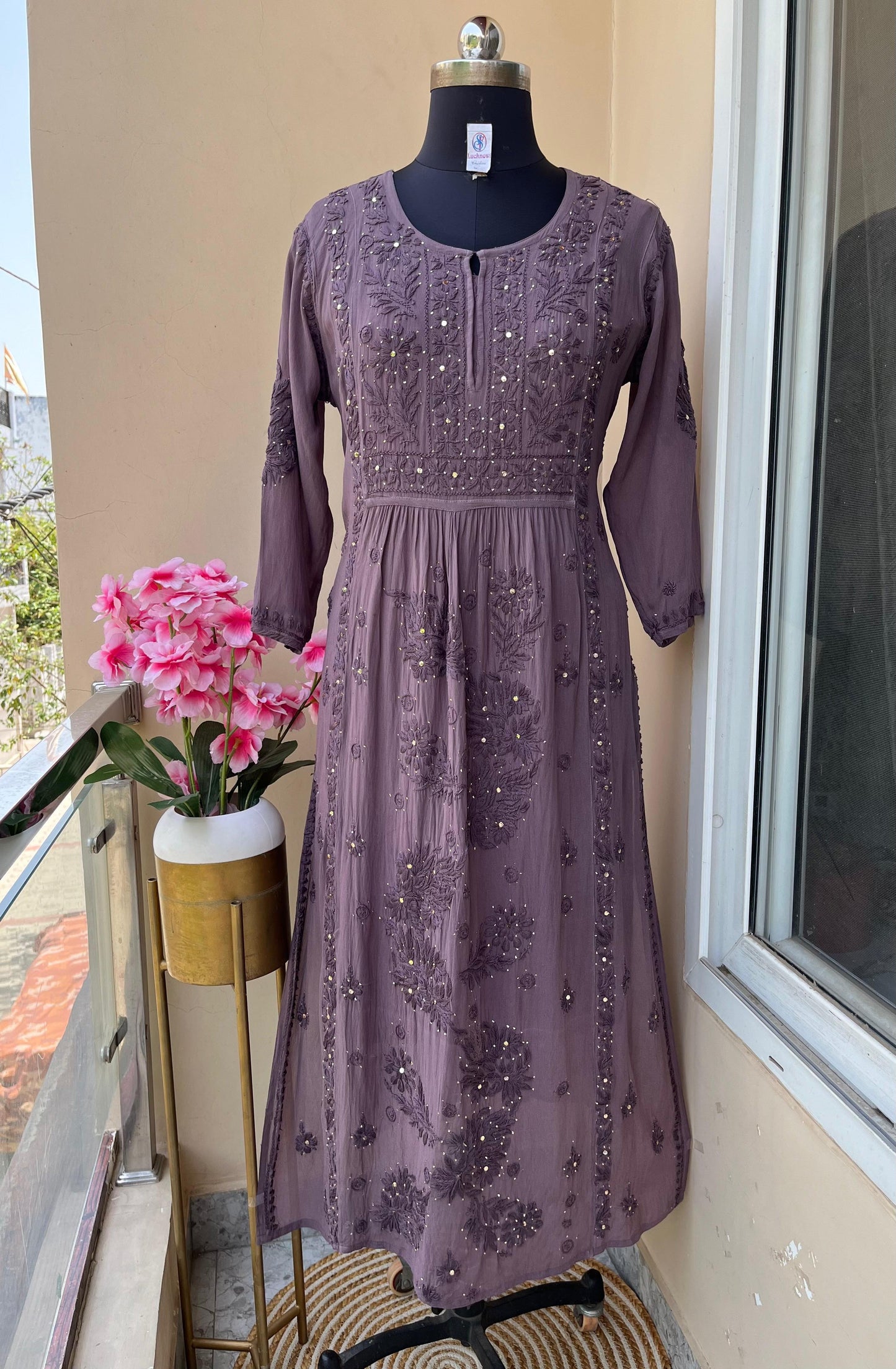 Coffee Grey Premium Viscose Lucknow Chikankari Mukaish Hand Work Nyra Cut Kurti - Inayakhan Shop