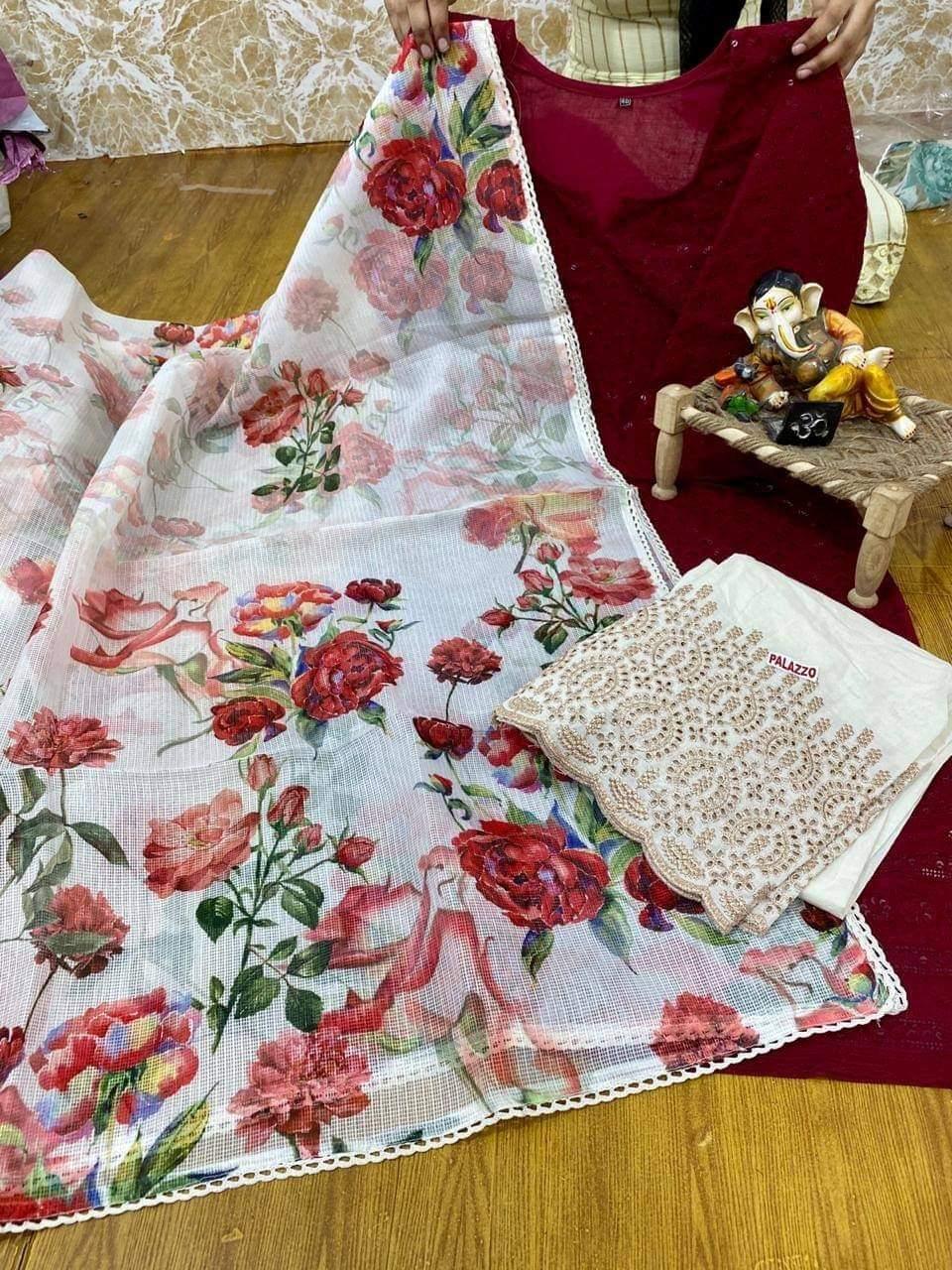 Crimson Elegance: Red Cotton Chikan Kurti with Sequins, Zari Embroidery & Digital Printed Kota Dupatta - Inayakhan Shop