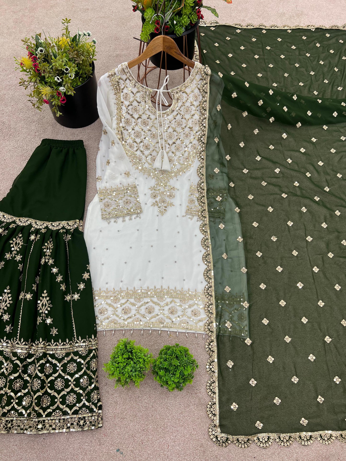 Dark Green Women's Heavy Embroidery Faux Georgette Sharara Gharara Suit Set with Dupatta