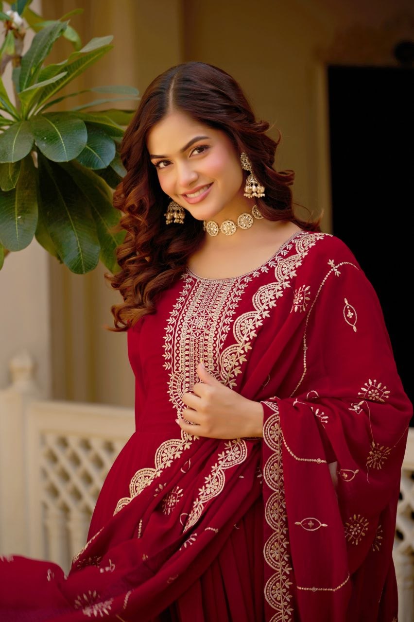 Premium maroon embroidered Anarkali gown portrait