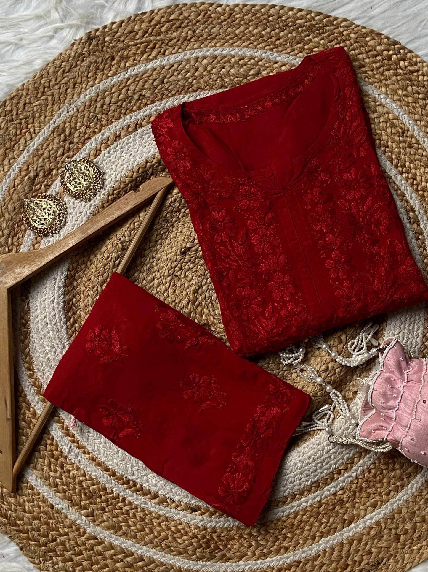 Deep Red Premium Lucknow Chikankari handwork Modal Palazzo Set - Inayakhan Shop