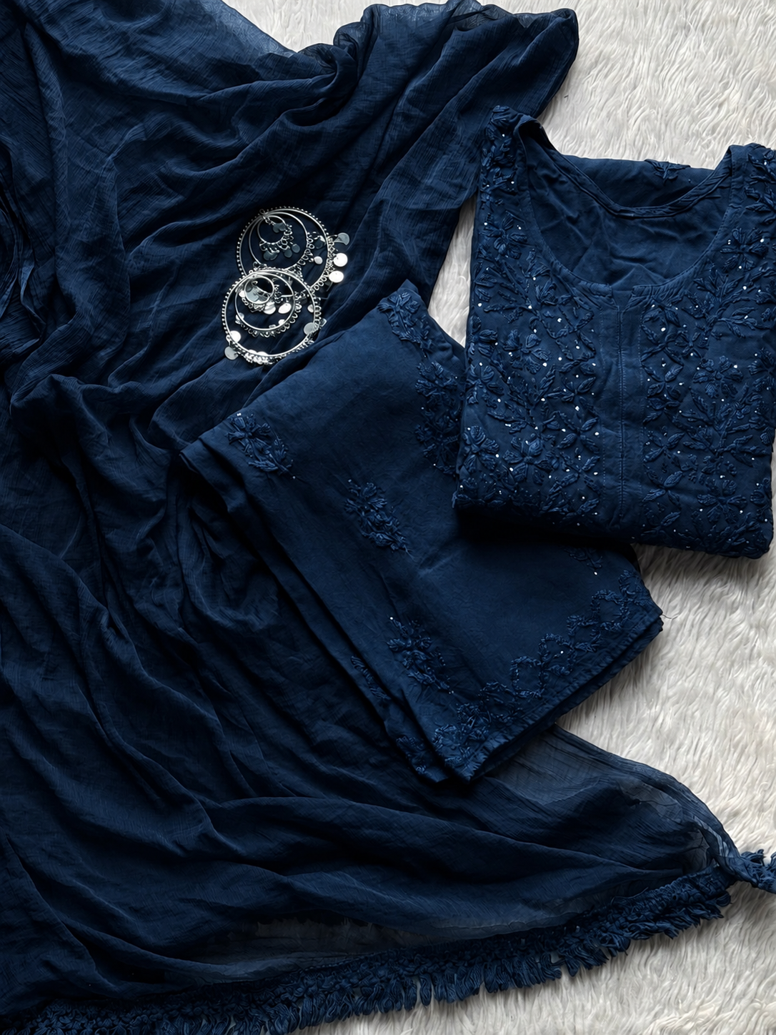 Deep Ocean Blue Premium Rayon Chikankari Kurta Palazzo Dupatta Set | Hand Embroidered with Mukesh Work (Plus Sizes)