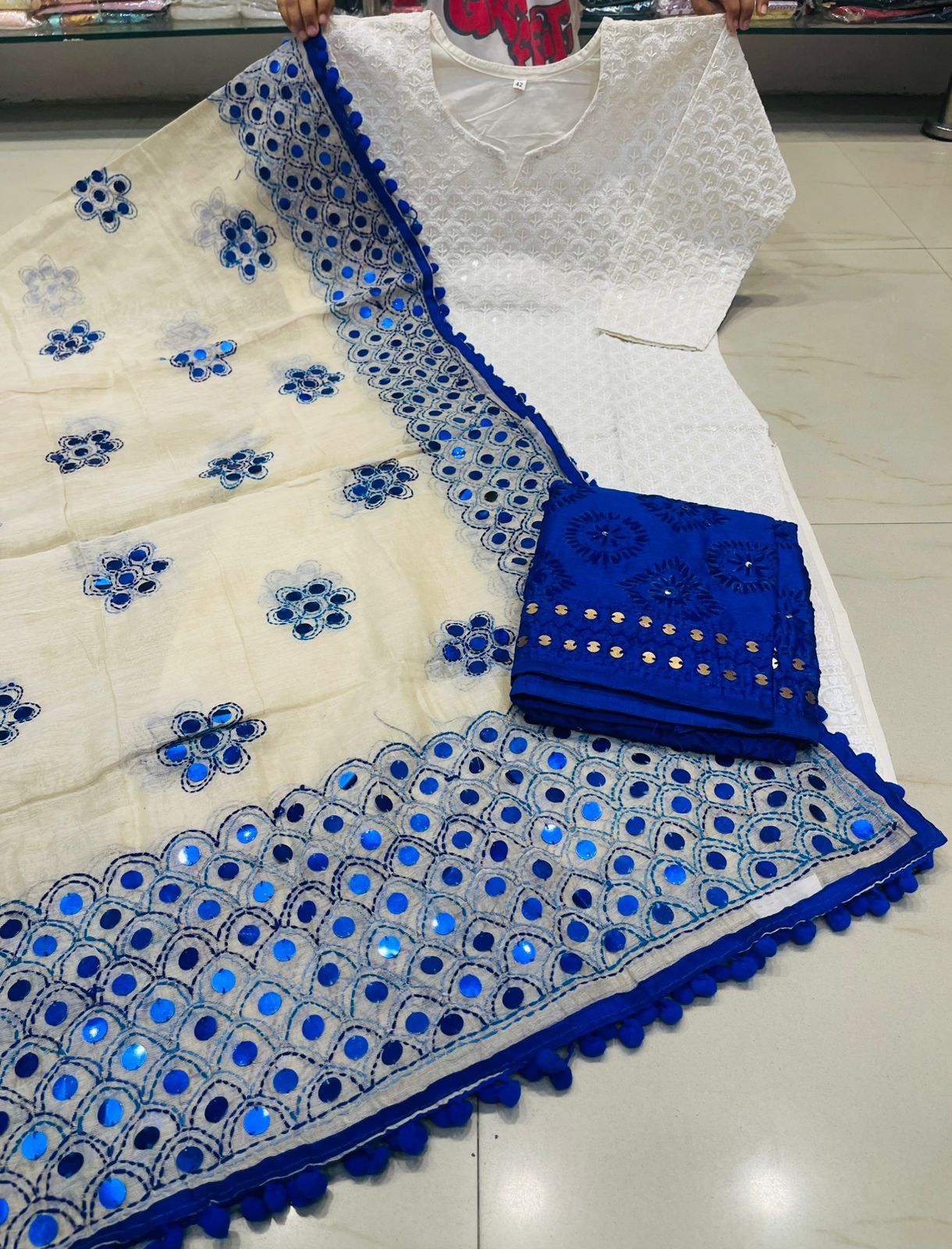 Blue Chikankari Kurti Plazo Set with Golden Mirror Phulkari Dupatta Plus Sizes