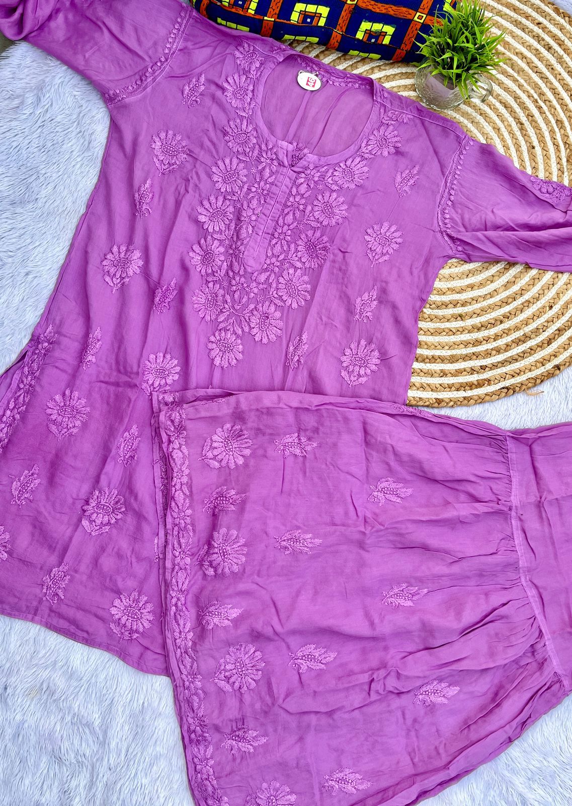 Deep mauve 3D Work Modal Gharara Set | Lucknow Chikankari Kurta