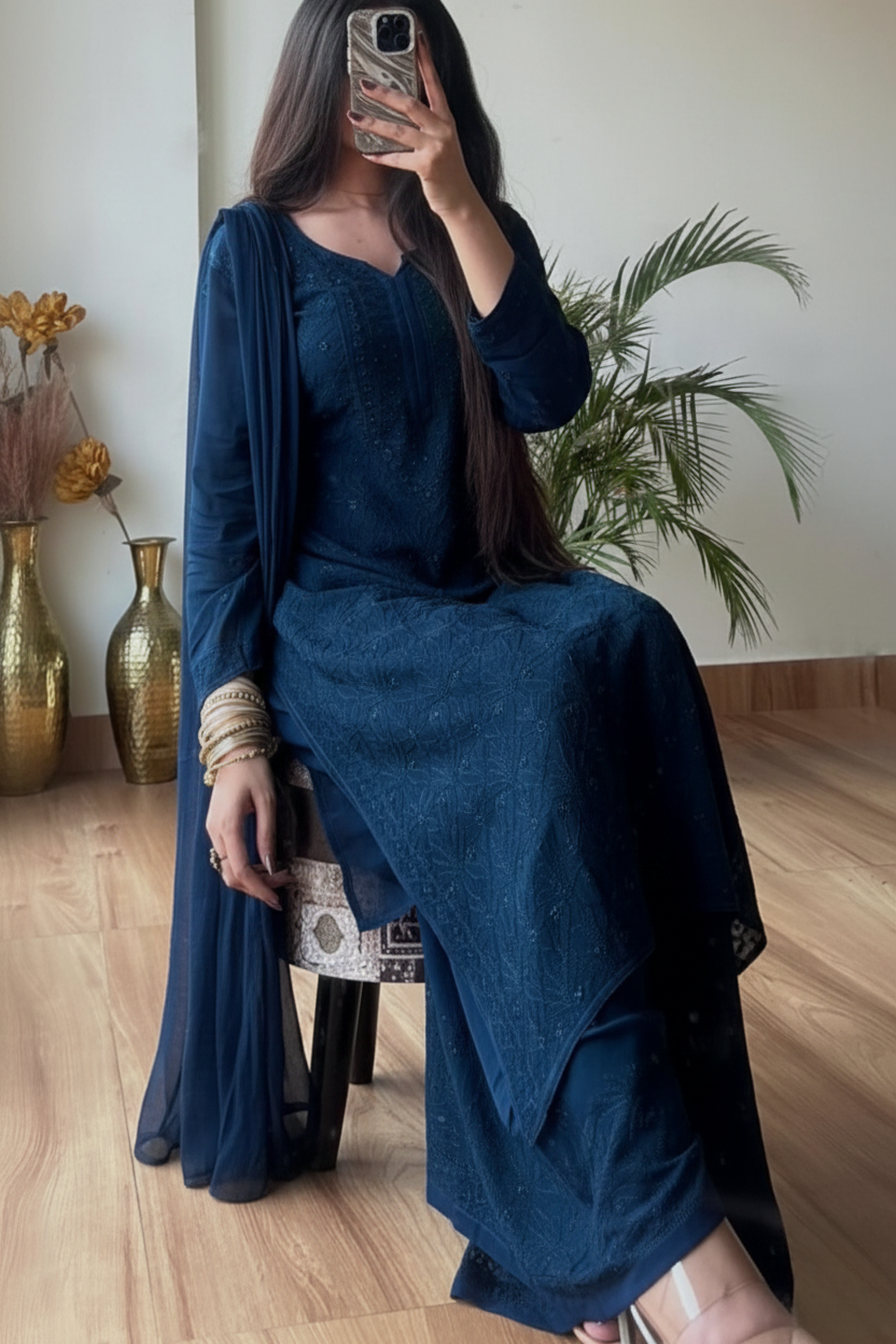 Deep Ocean Blue Elegant Viscose Lucknow Chikankari Handwork Ensemble (Latest)