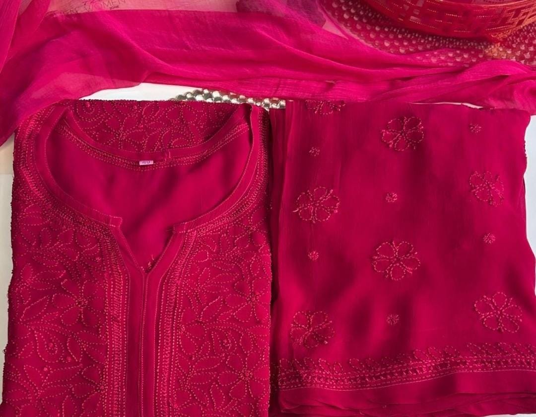 Rose Pink Elegant Viscose Lucknow Chikankari Handwork Ensemble (Latest)