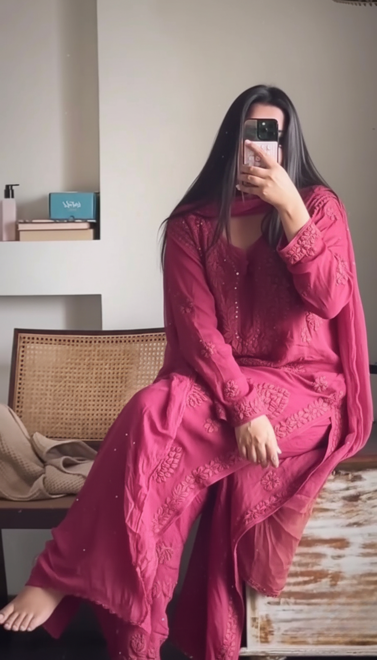 Deep Pink Viscose Chikankari Kurti Set with 3D Handwork Inner included