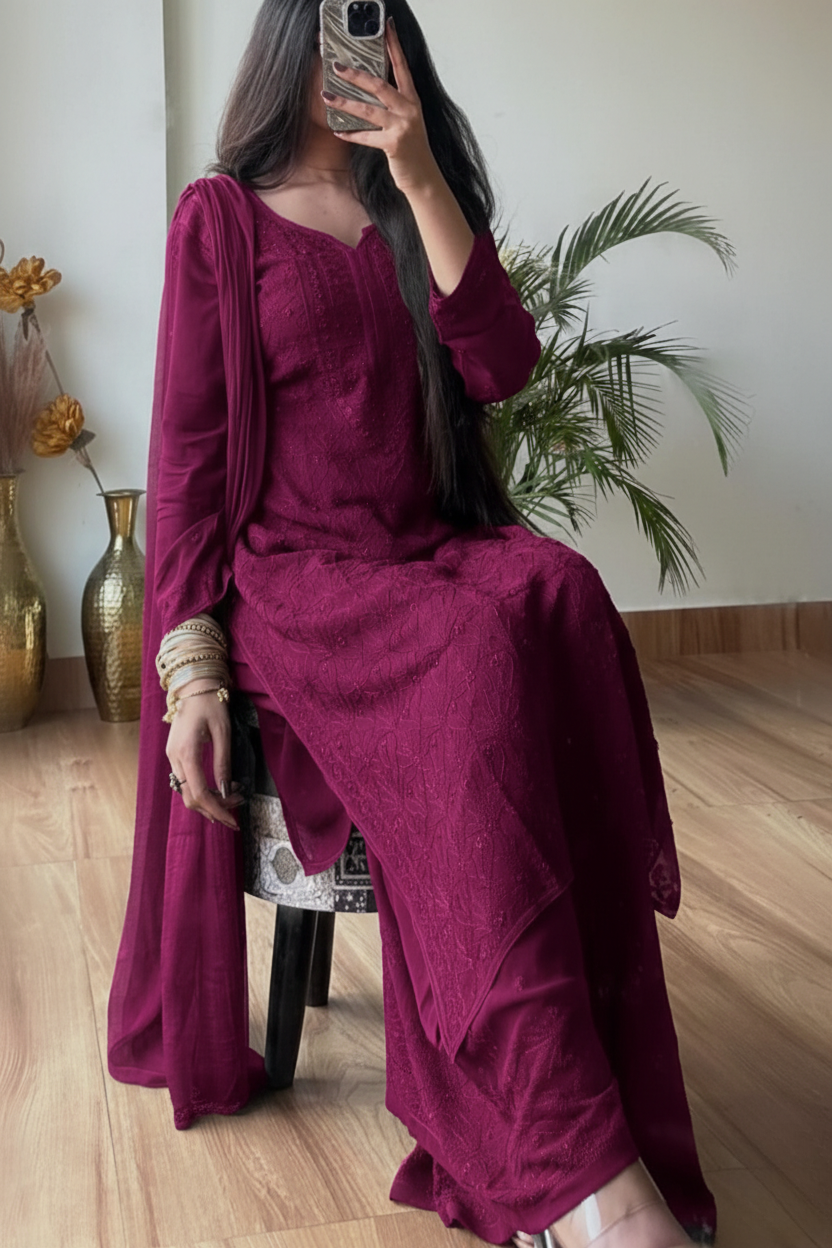 Deep Rose Pink Elegant Viscose Lucknow Chikankari Handwork Ensemble (Latest)