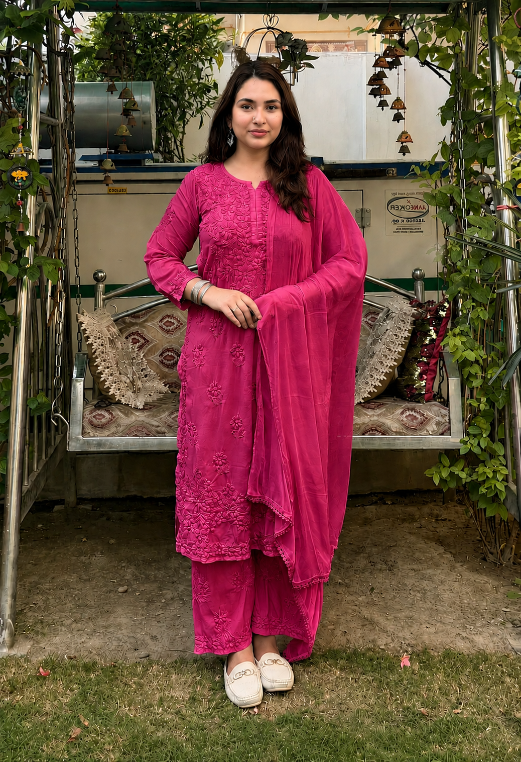 Deep Pink 3D Lucknow Chikankari Modal Kurta Palazzo & Dupatta Set