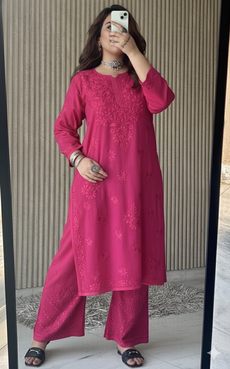 Deep Pink Lucknow Chikankari Rayon Kurta Palazzo Co-ord Set with Tone-to-Tone Hand Embroidery Plus Size