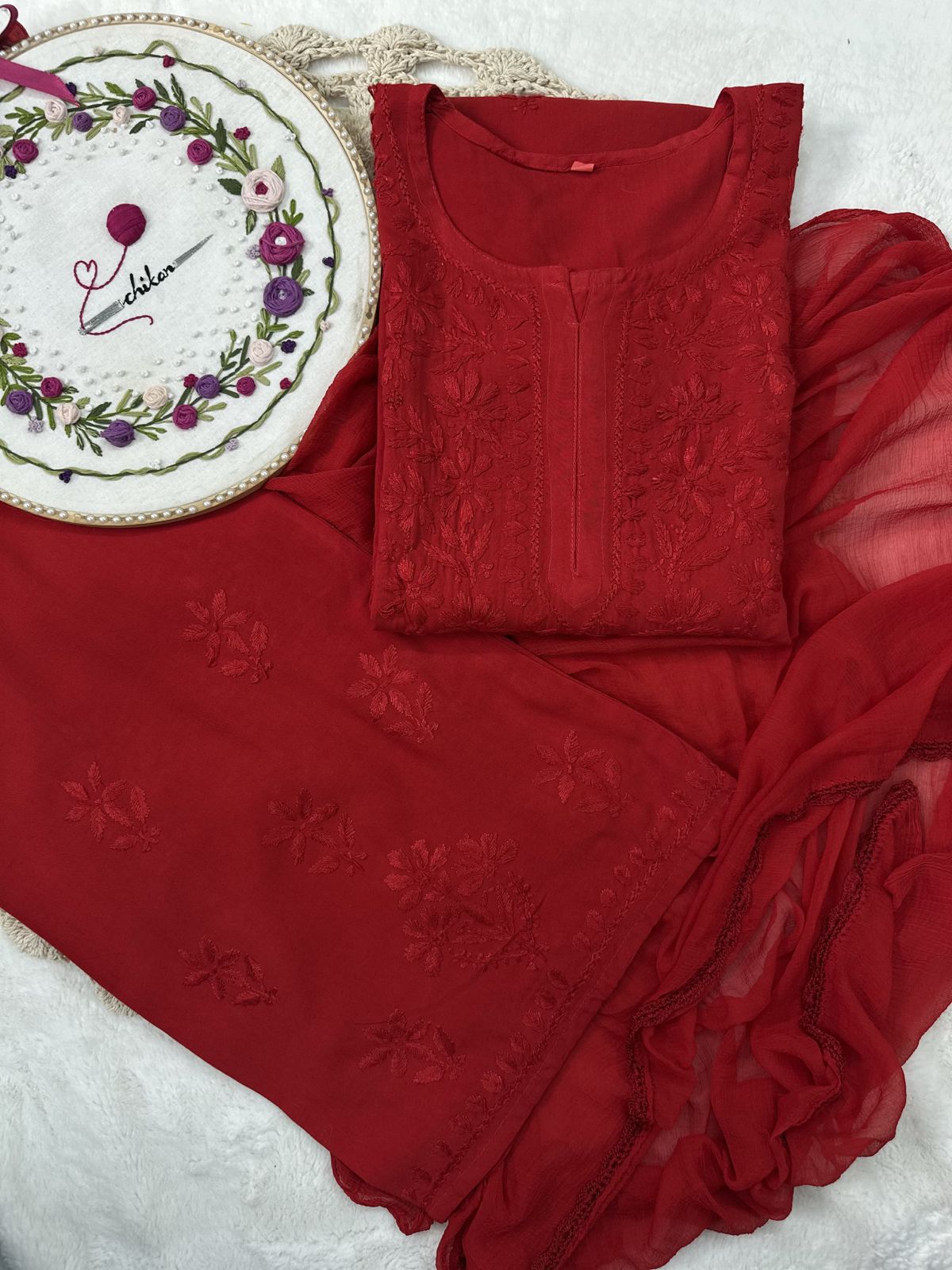 Red Handcrafted Lucknowi Chikankari Style Rayon Kurti Set