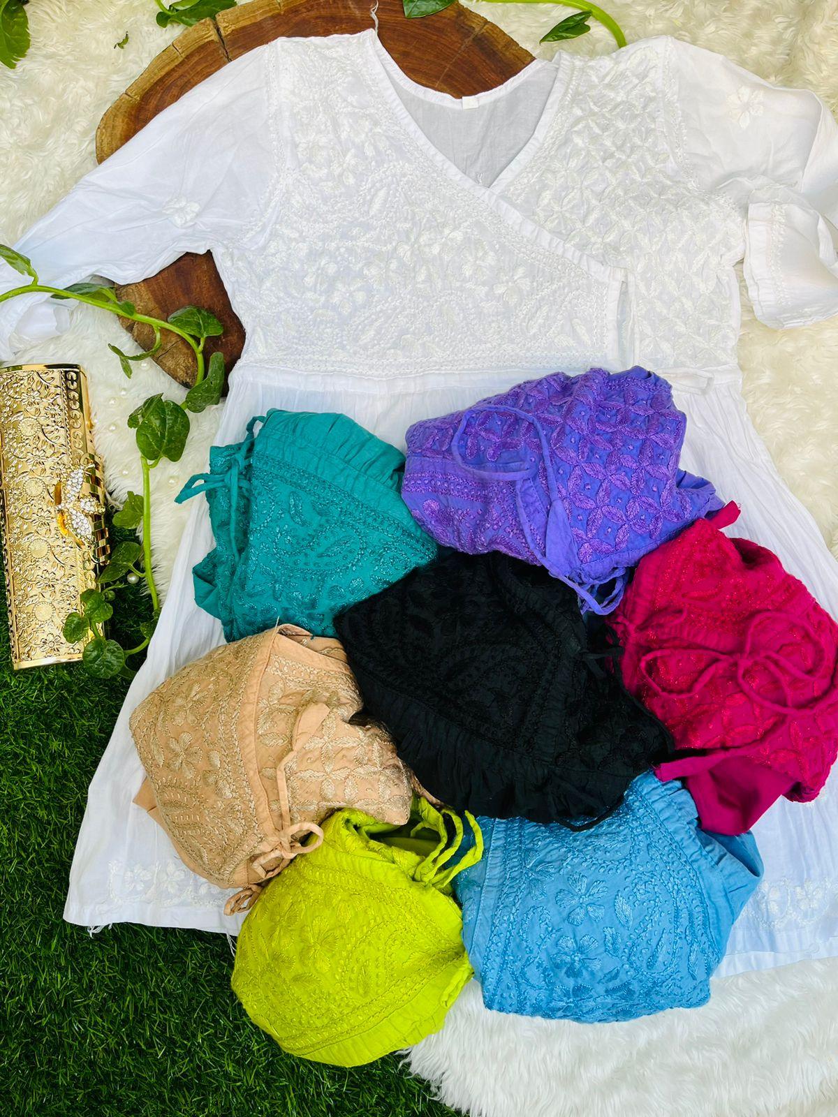 Delicate Grey Color Lucknow Chikankari Whisper mul mul Cotton Angrakha Style Short kurti - Inayakhan Shop