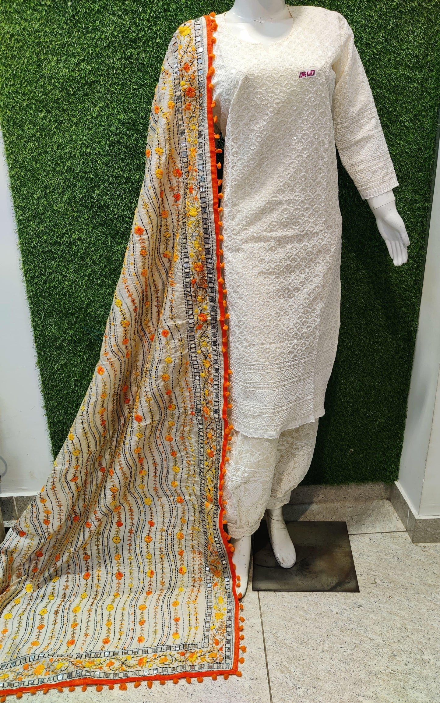Design 10 - Exquisite Chikankari Kurti Set with Pom Pom Dupatta and Afghani Salwar - Inayakhan Shop