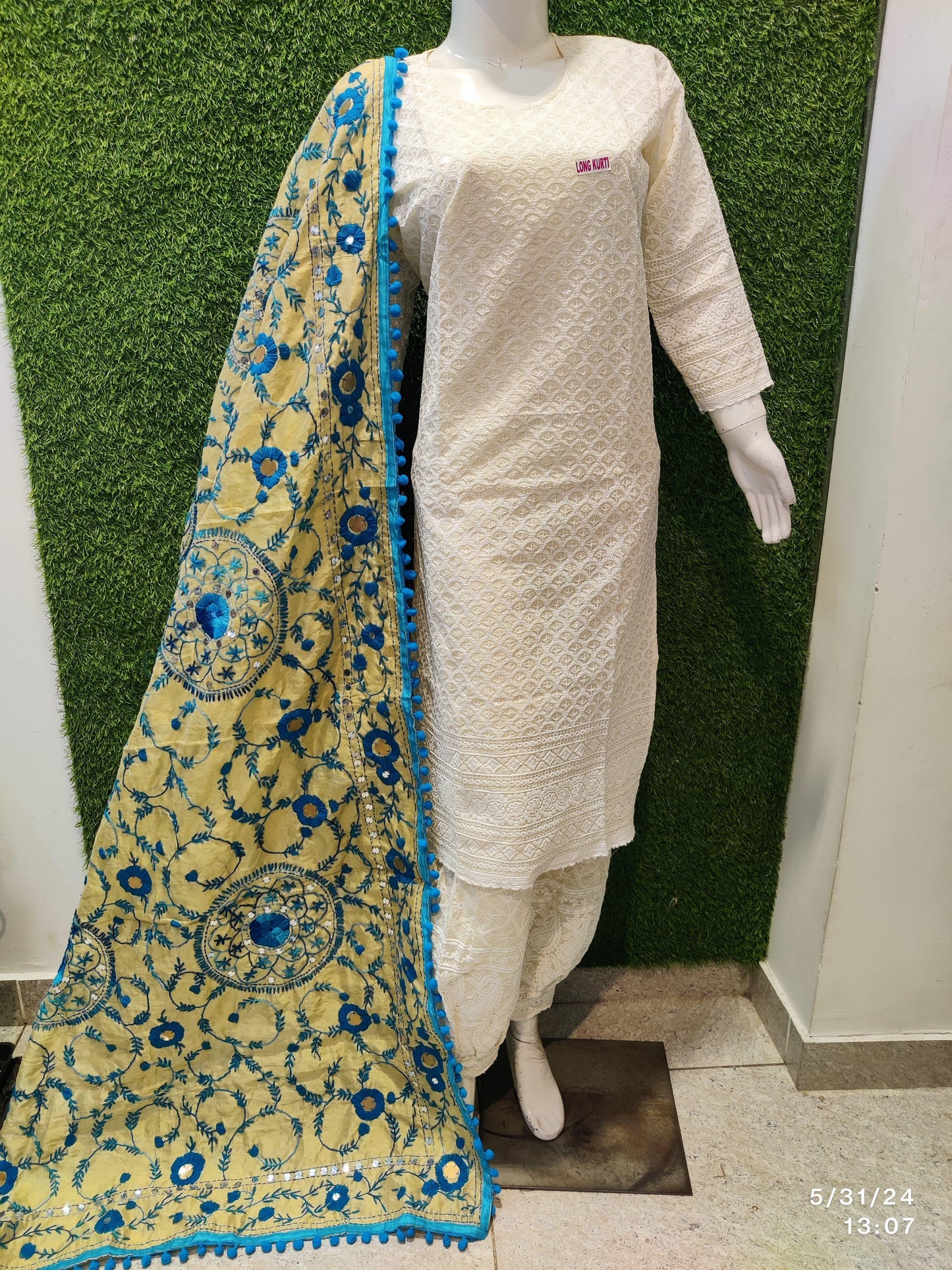 Design 11 - Exquisite Chikankari Kurti Set with Pom Pom Dupatta and Afghani Salwar - Inayakhan Shop