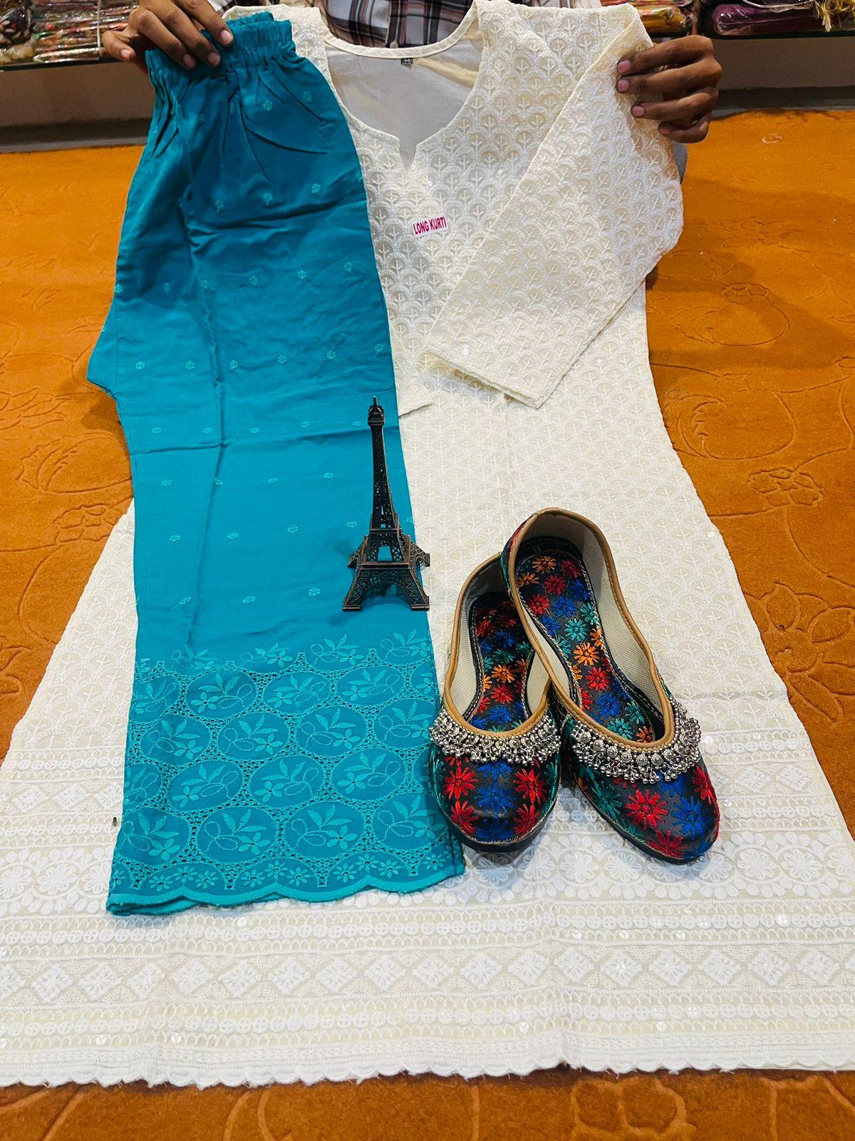 Design 2 Chikan Sequins Work Kurta + Jutti + Digital Chikan Work Cambric Cotton Palazzo - Inayakhan Shop