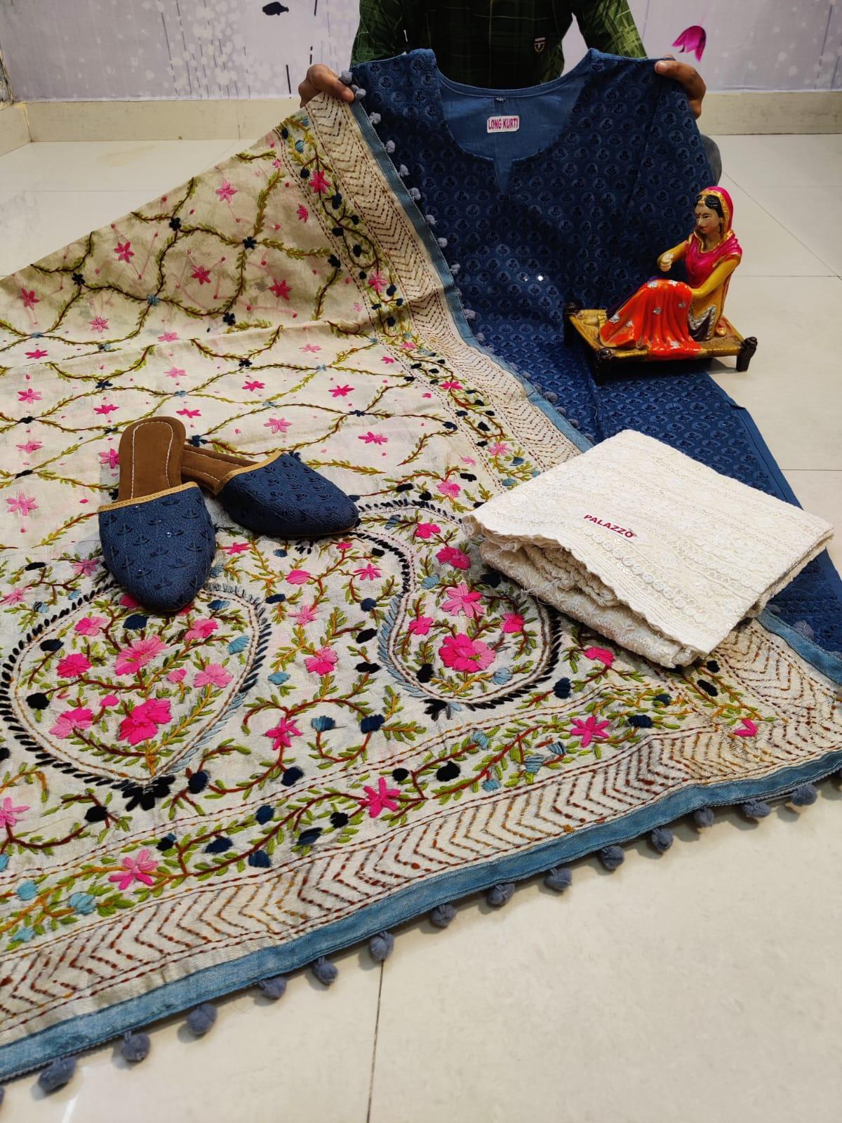 Design-2 Navy Blue Pure Cotton Phulkari Suit with Beautiful Handmade Mirror Work Shopping Online - Inayakhan Shop