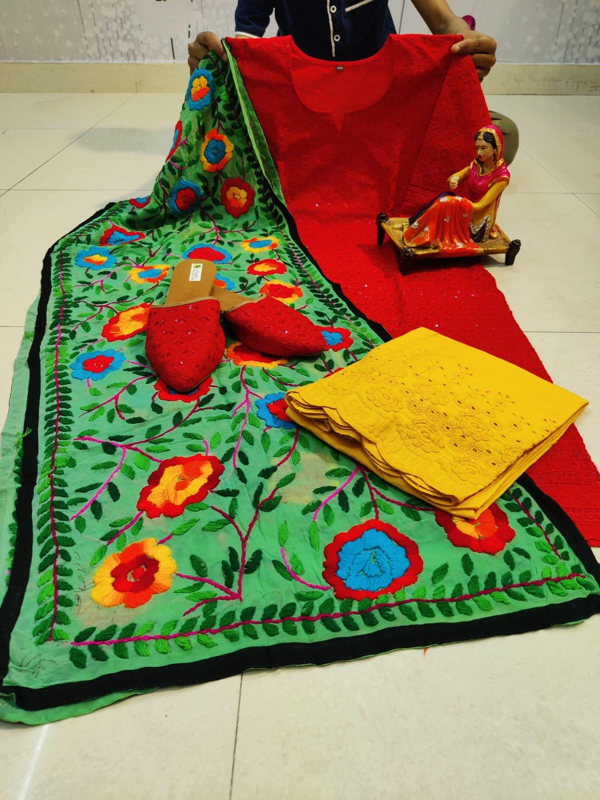 Design-2 Red Cotton Phulkari Suit with Beautiful Chikan & Sequins Embroidery Work Shopping Online - Inayakhan Shop