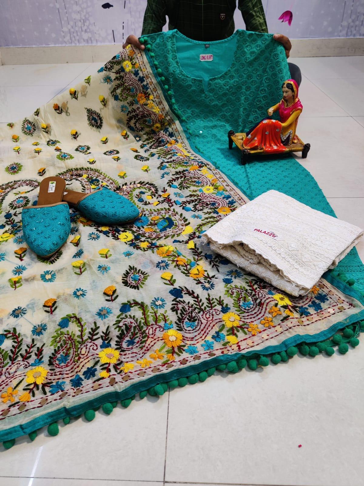 Design-2 Turquoise Blue Pure Cotton Phulkari Suit with Beautiful Handmade Mirror Work Shopping Online - Inayakhan Shop