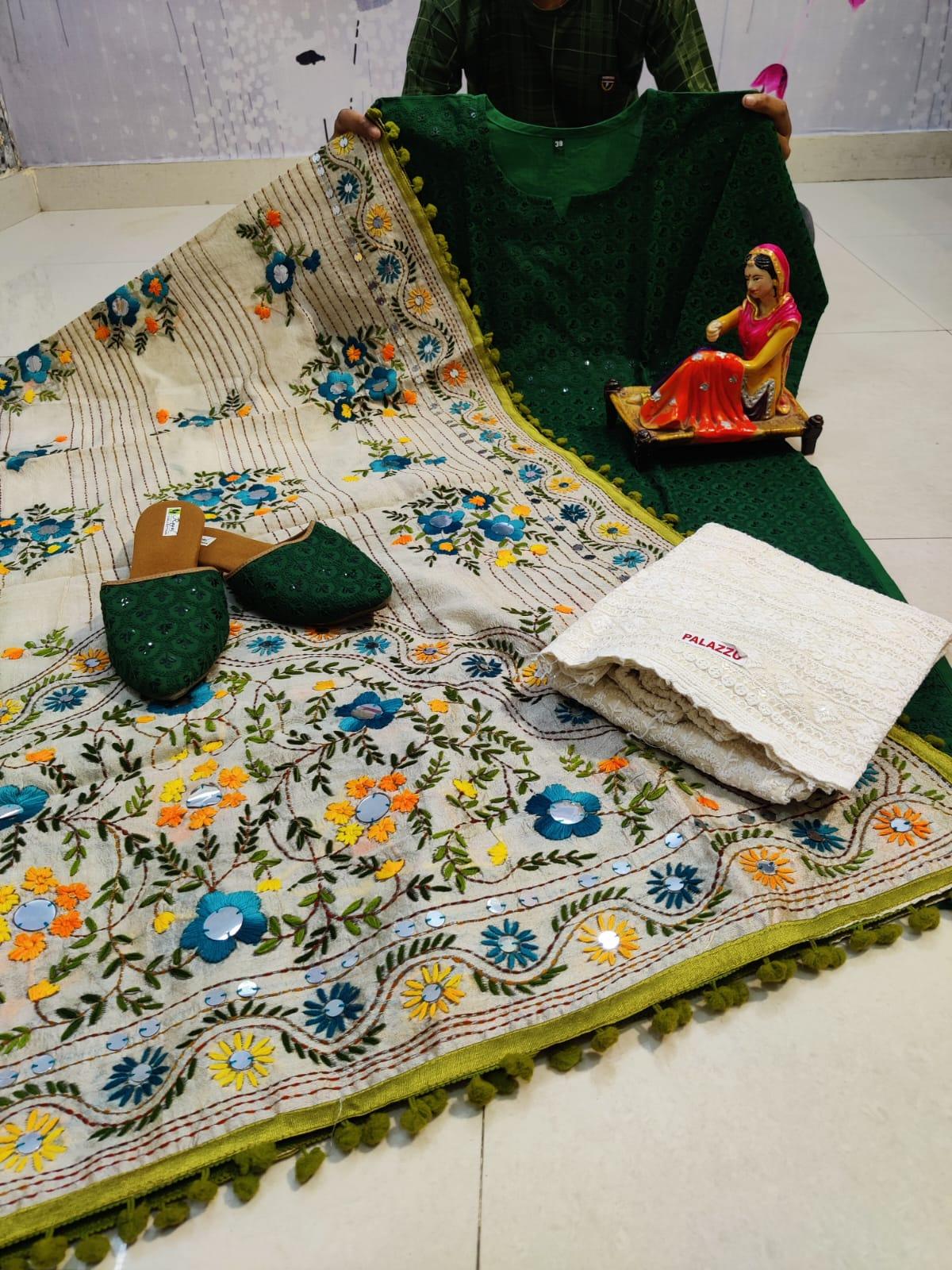 Design-3 Green Pure Cotton Phulkari Suit with Beautiful Handmade Mirror Work Shopping Online - Inayakhan Shop