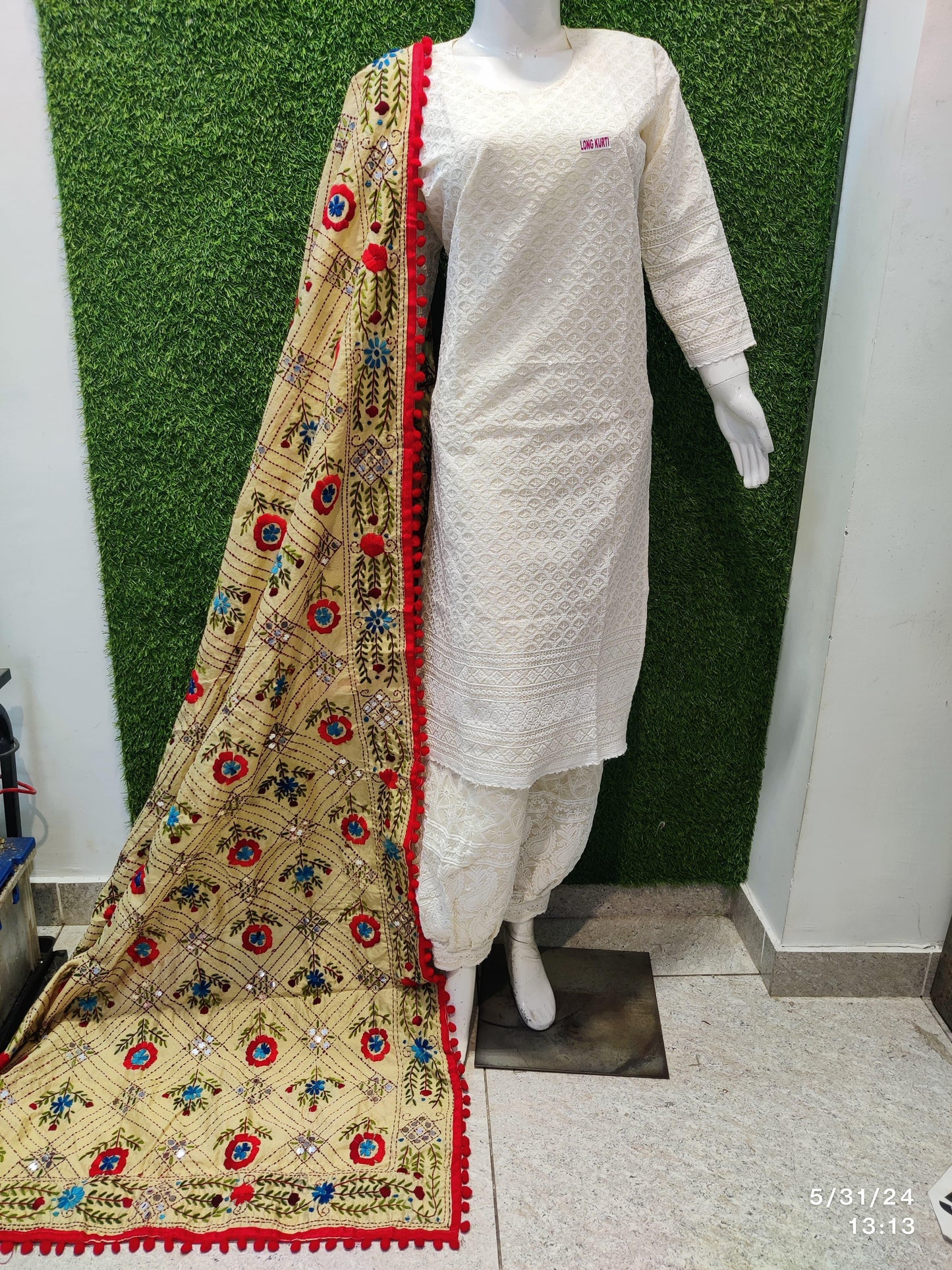 Design 6 - Exquisite Chikankari Kurti Set with Pom Pom Dupatta and Afghani Salwar - Inayakhan Shop