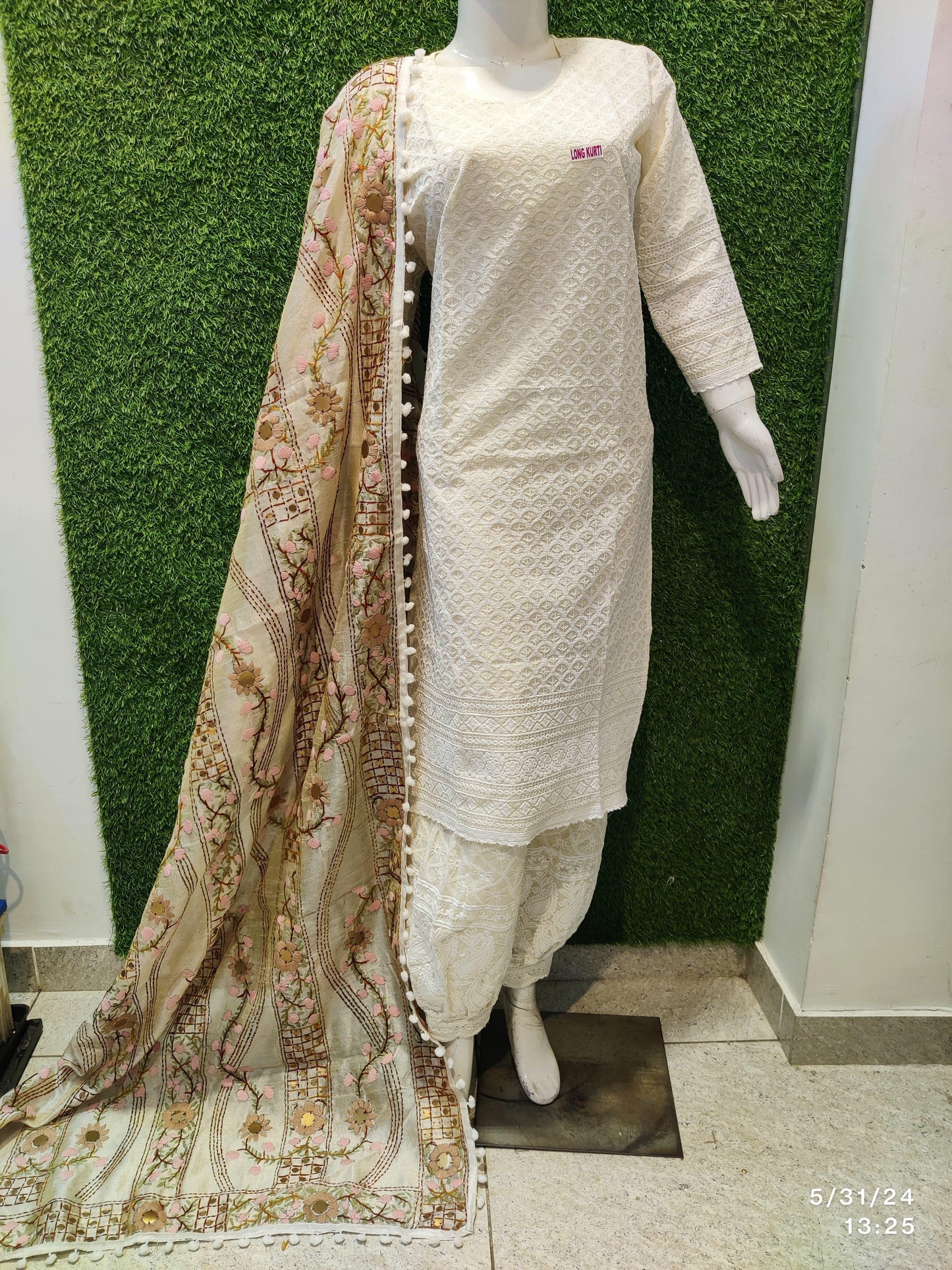 Design 7 - Exquisite Chikankari Kurti Set with Pom Pom Dupatta and Afghani Salwar - Inayakhan Shop