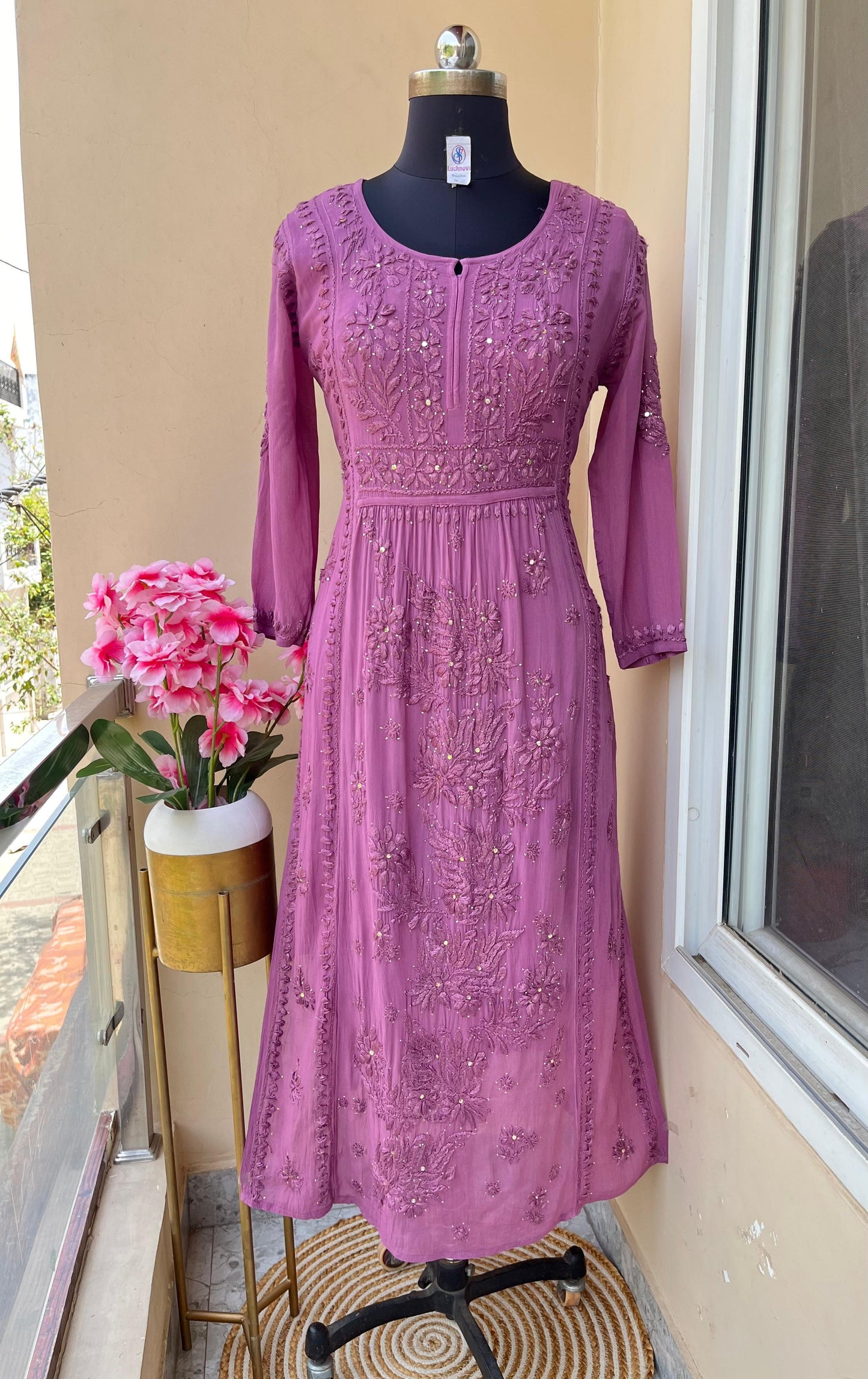 Dusty Pink Premium Viscose Lucknow Chikankari Mukaish Hand Work Nyra Cut Kurti - Inayakhan Shop
