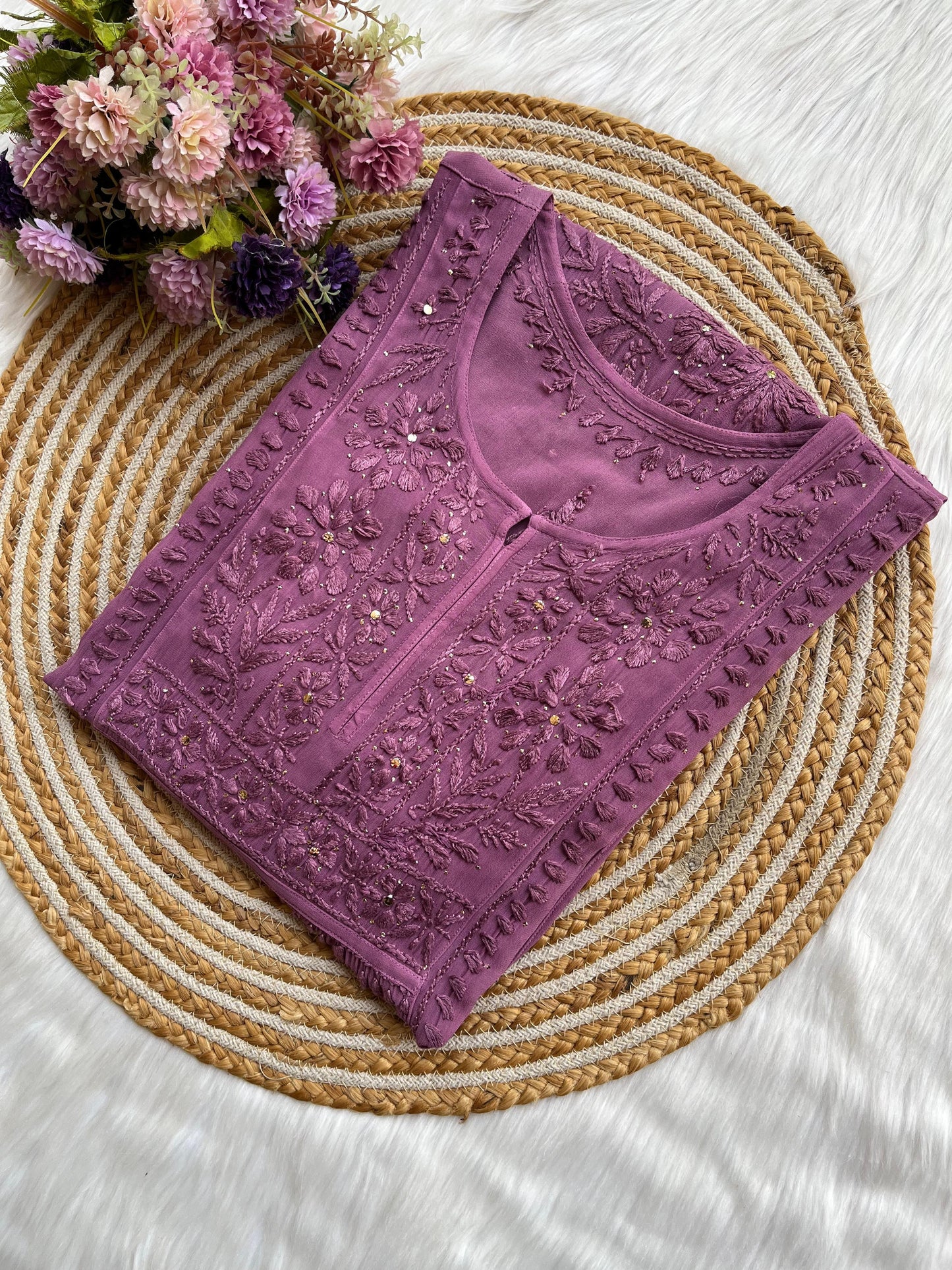 Dusty Pink Premium Viscose Lucknow Chikankari Mukaish Hand Work Nyra Cut Kurti - Inayakhan Shop