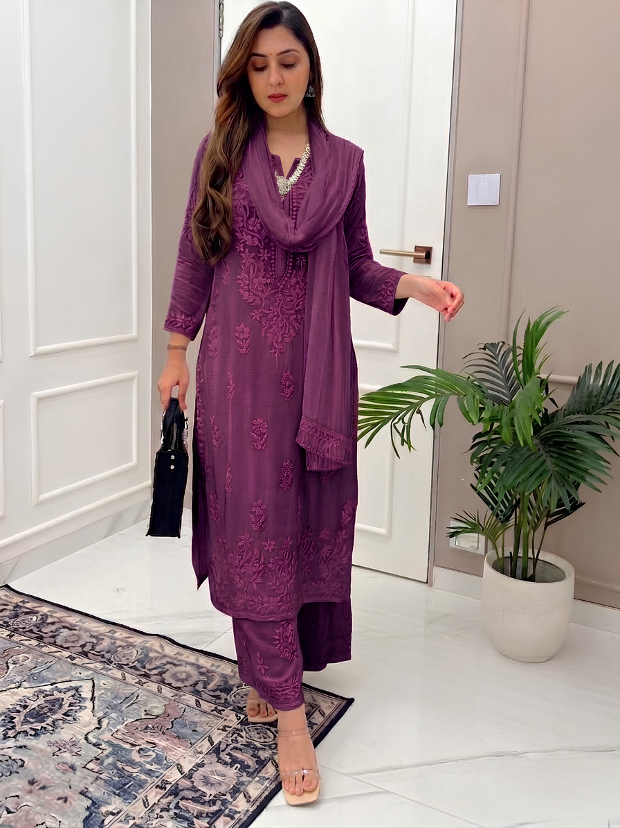 Deep mauve Ethereal Chikankari Kurta Set (New)