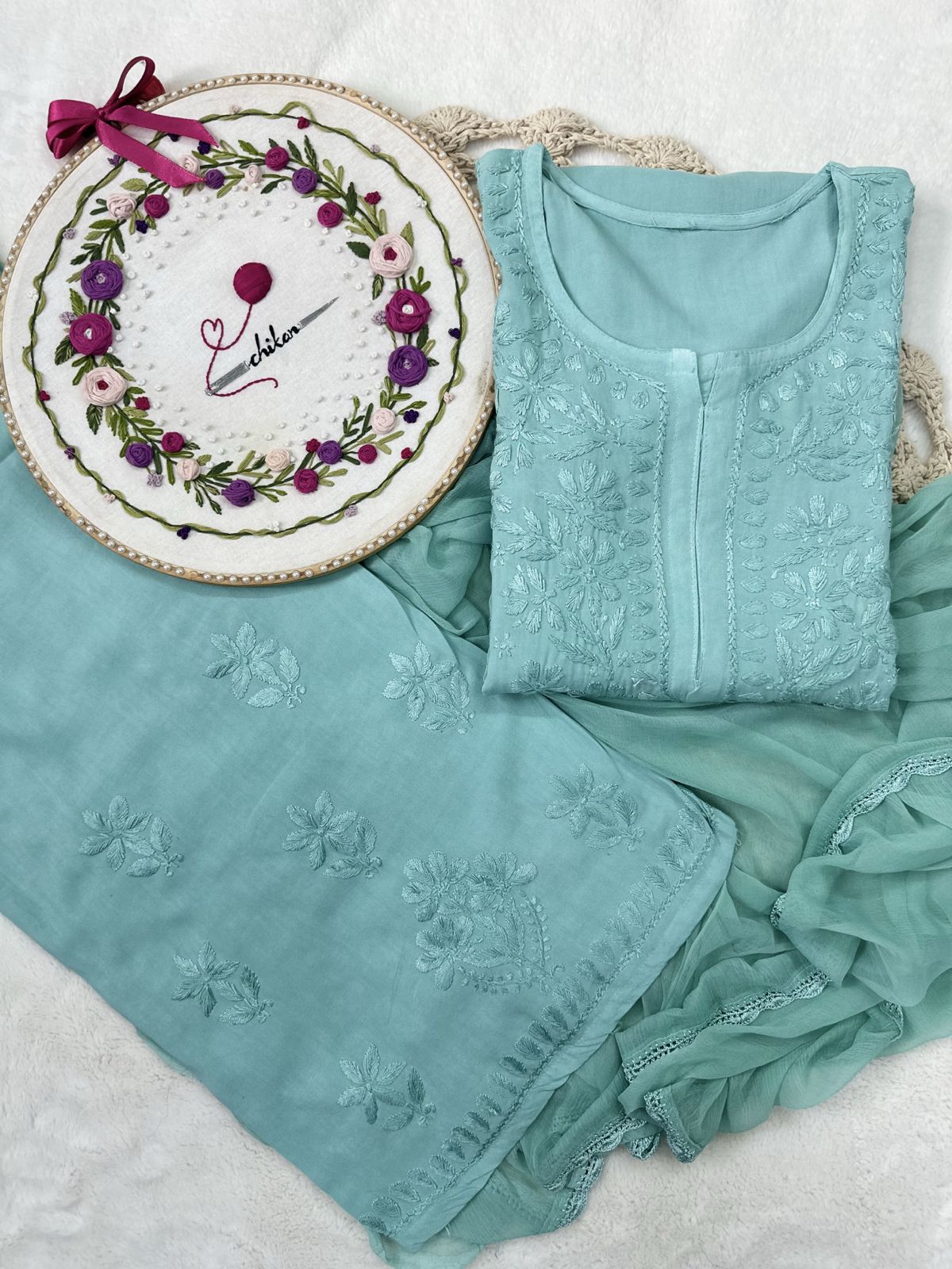 Pastel Green Handcrafted Lucknowi Chikankari Style Rayon Kurti Set