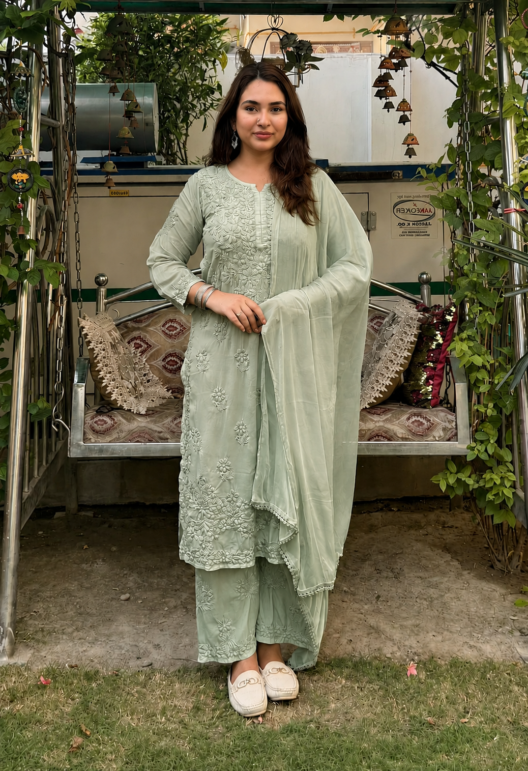 Dusty Mint 3D Lucknow Chikankari Modal Kurta Palazzo & Dupatta Set