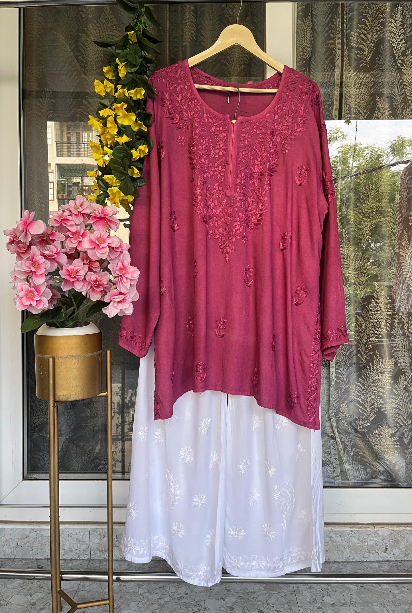 Dusty Pink Lucknowi Chikankari Plus Size Premium Rayon Short Kurti & Pallazo Set ✨ (Upto 6 XL)