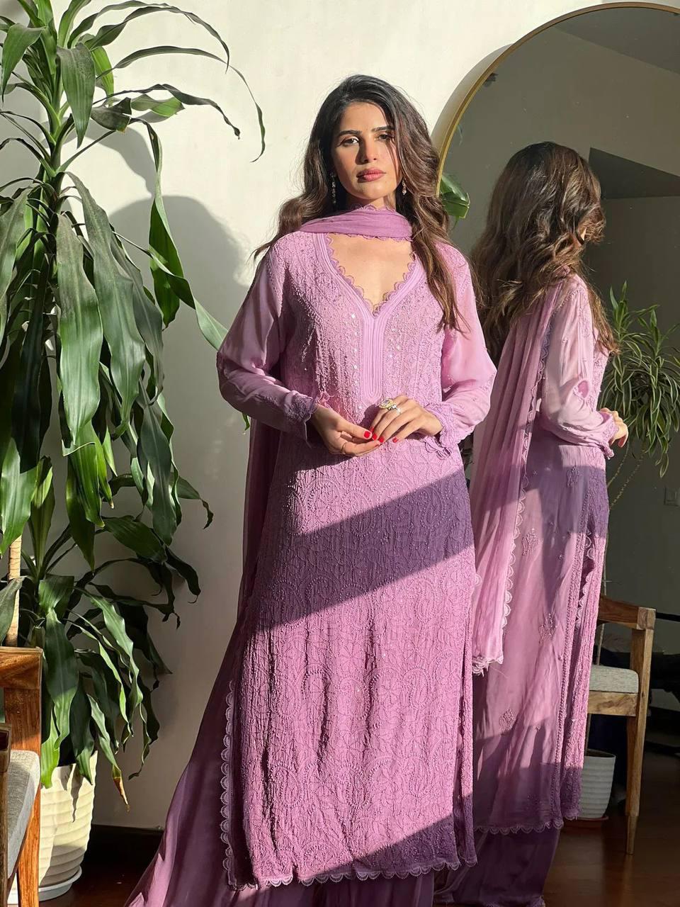 Dusty Pink Elegant Viscose Lucknow Chikankari Handwork Ensemble (Original Chikankari)