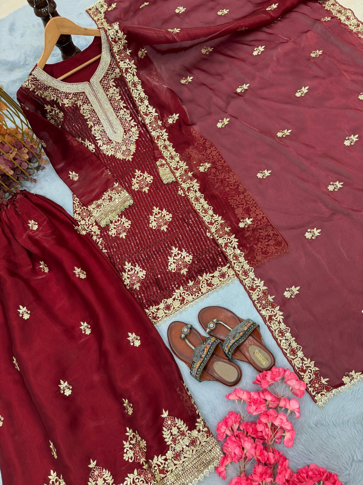 Royal Crimson Red Embroidered Gharara Set