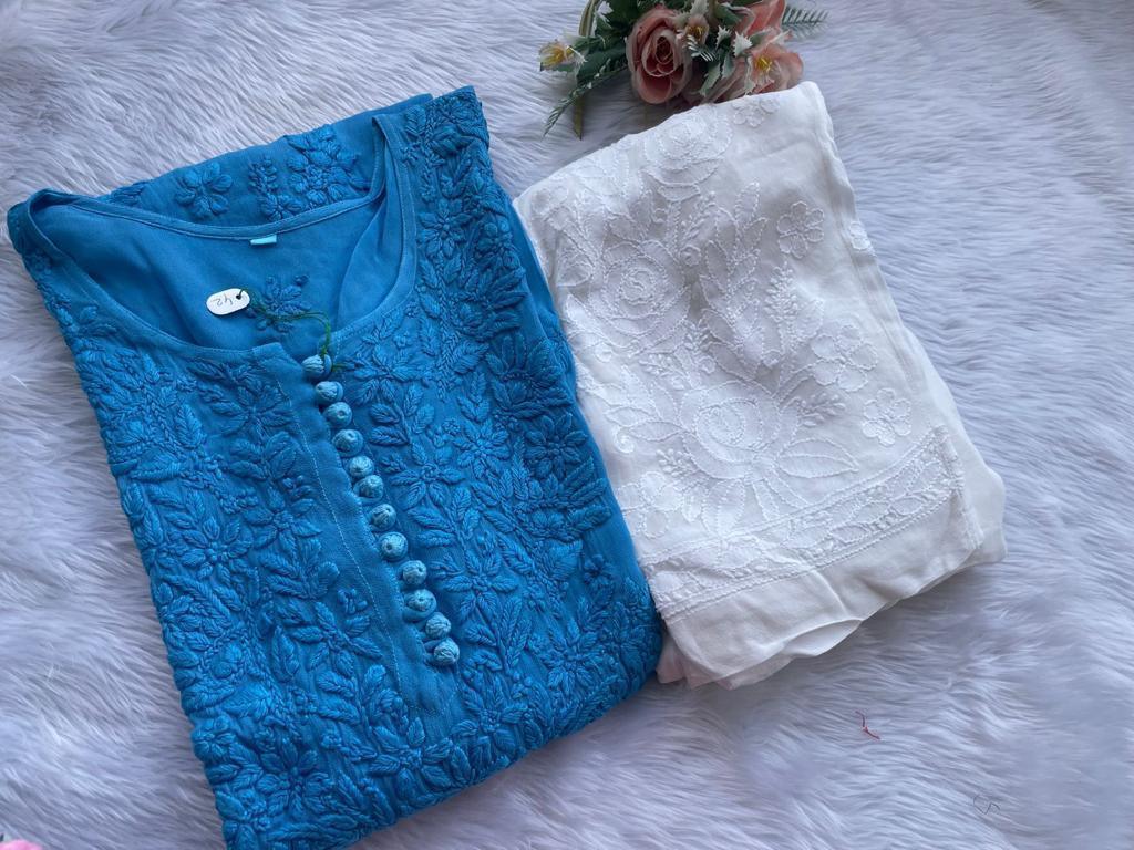 Electric Blue Color Ethereal Viscose 3D Kurti and pant Set up to 3 XL - Inayakhan Shop