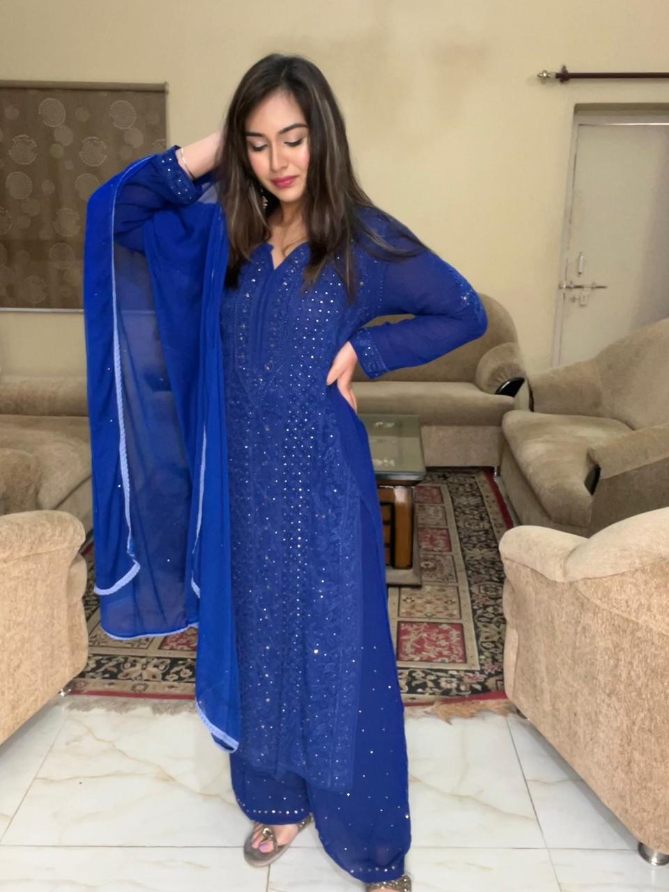 Electric Blue Royal Chikankari Elegance Ensemble Upto 5XL Plus sizes - Inayakhan Shop