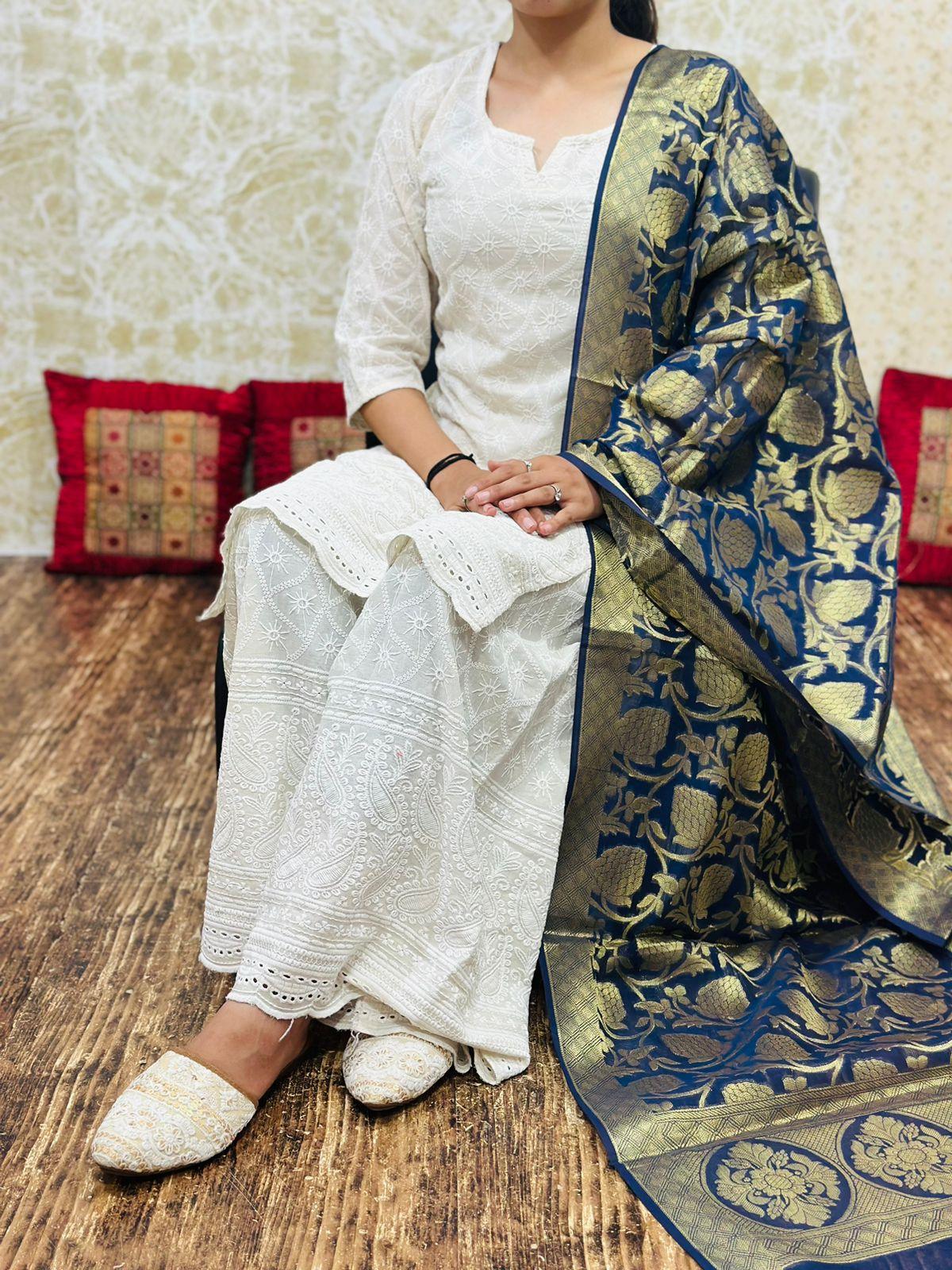 Elegance in Cotton White Cutwork Chikan Kurti Set with Blue Golden Banarasi Dupatta - Inayakhan Shop