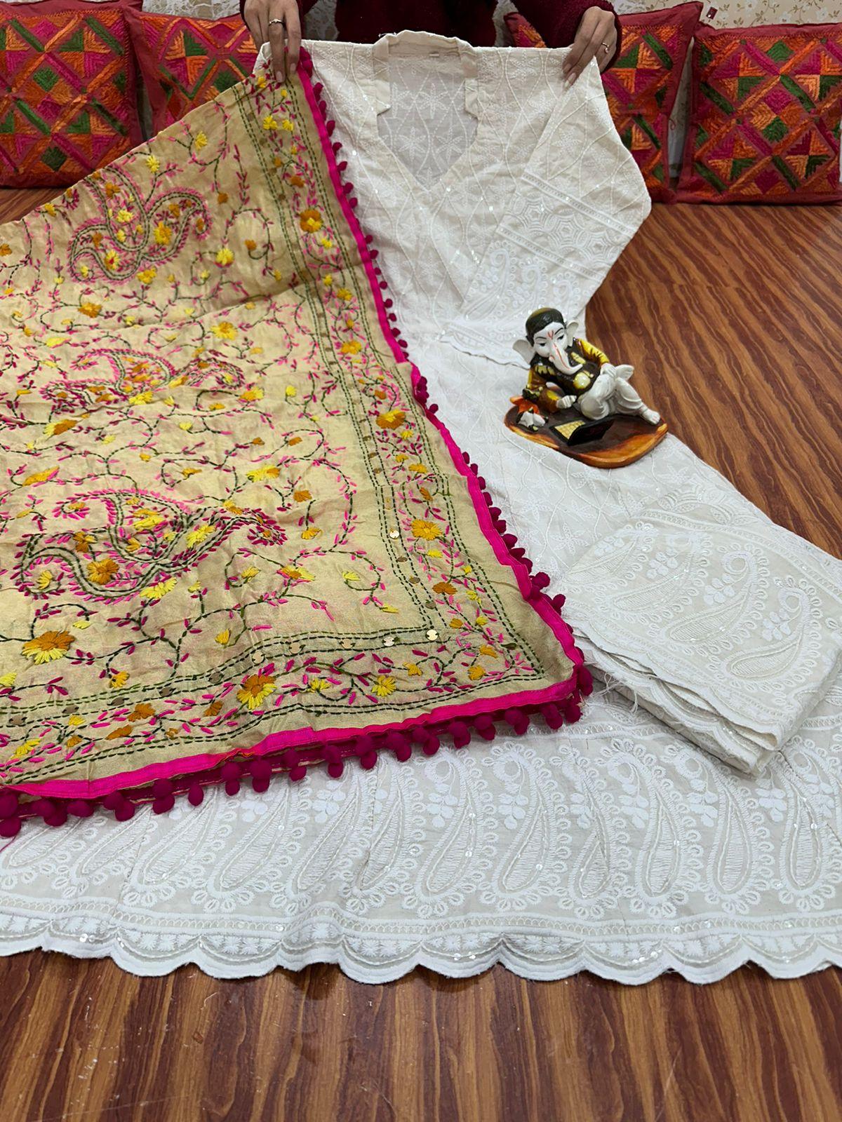 Ethereal Elegance - 6 : Sequined White Chikankari Cutwork Anarkali with phulkari Dupatta - Inayakhan Shop