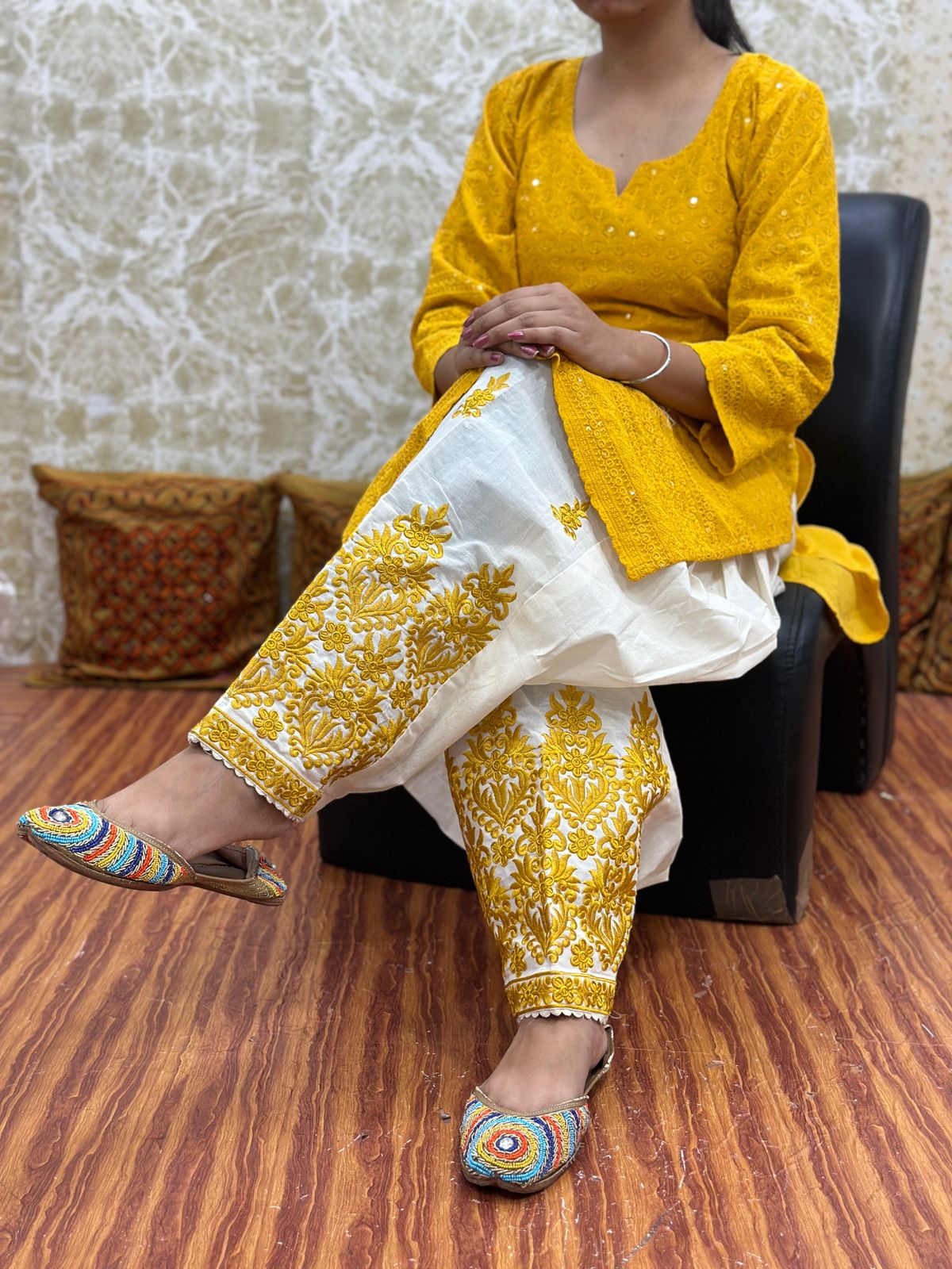 Yellow Design - 3 Elegant Patiala Salwar Set with Pure Cotton Chikankari Kurti