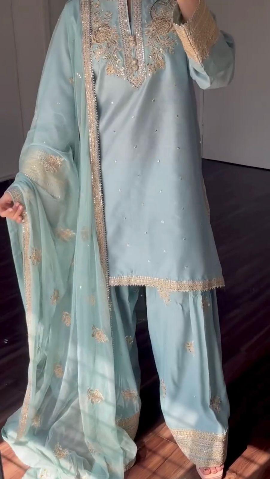 Aqua Blue Aafreen Embroidered Chinnon Silk Salwar Suit
