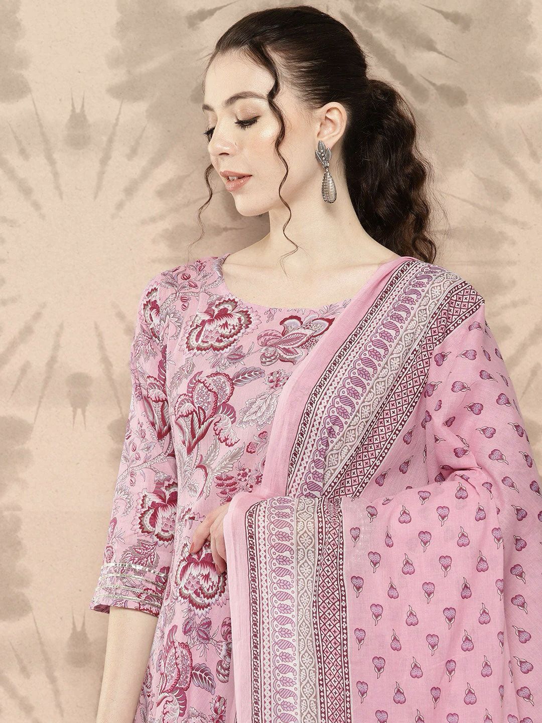 Jaipuri Pink Panache: Handblock Printed Anarkali Kurta Set with