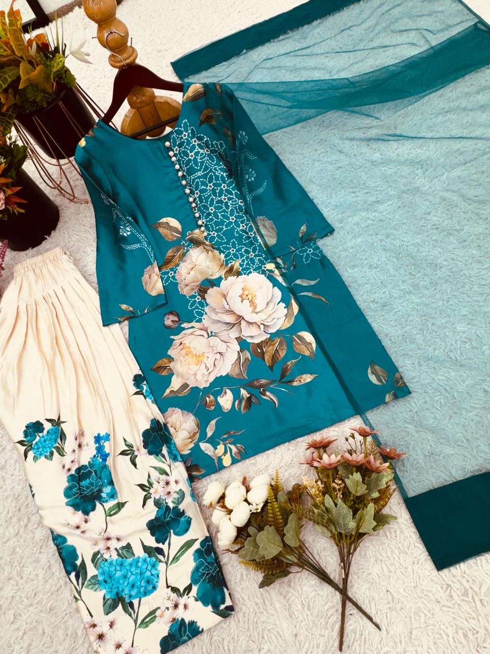 Teal Beige Fiora Floral Digital Print Crepe Coord Set