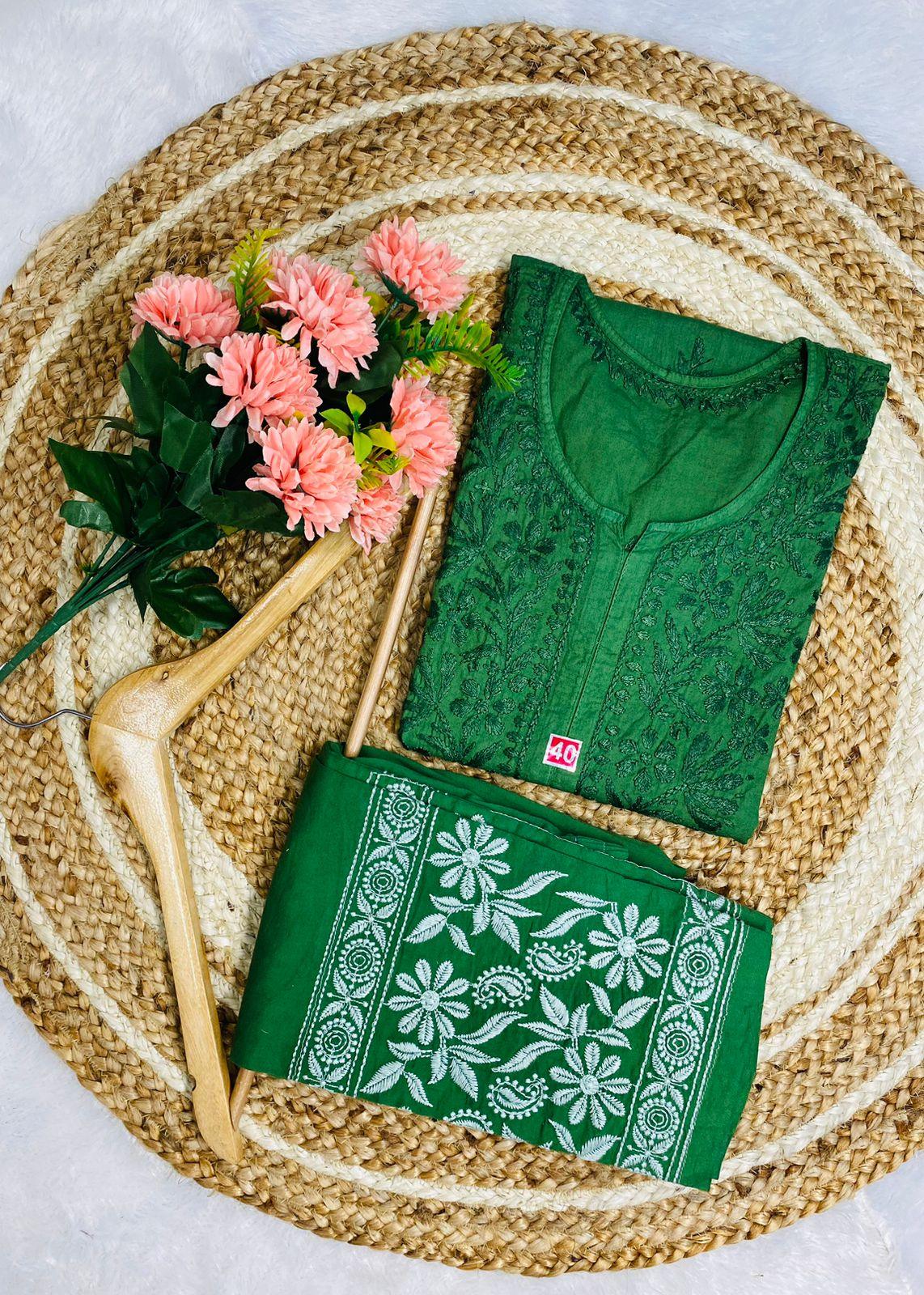 Forest Green Elegance Chikankari Cotton Kurti & Coordinated Set ++ Sizes available - Inayakhan Shop