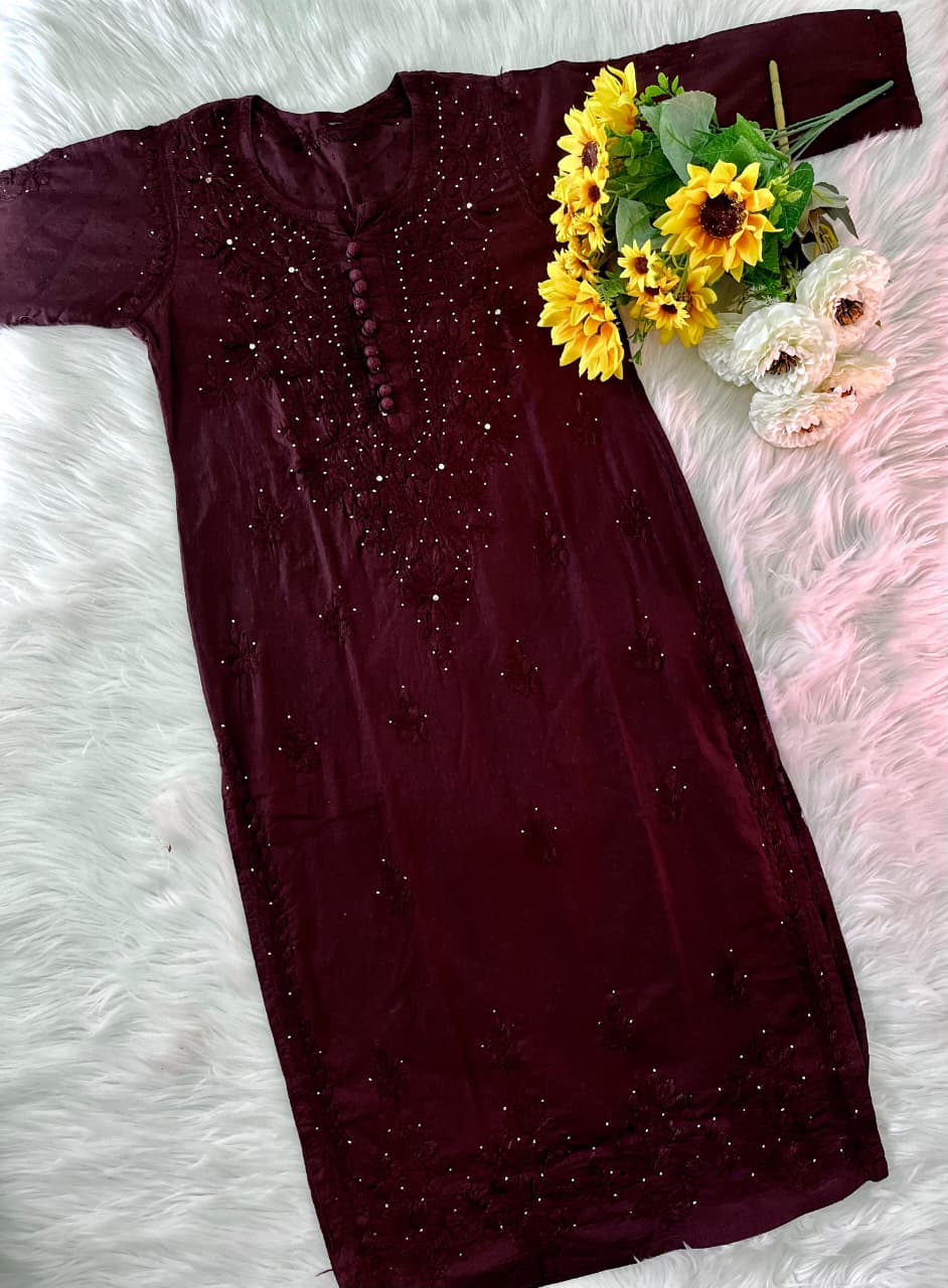 Coffee Brown Lucknowi Chikankari Dobby Cotton Kurti Set with Mukaish Work