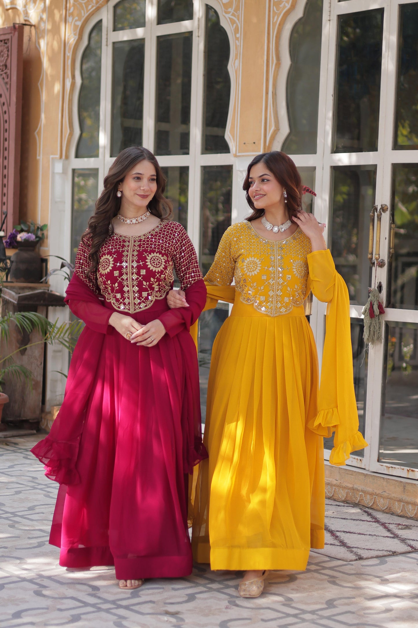 Yellow Nafisa Embroidered Georgette Indian Gown with Dupatta