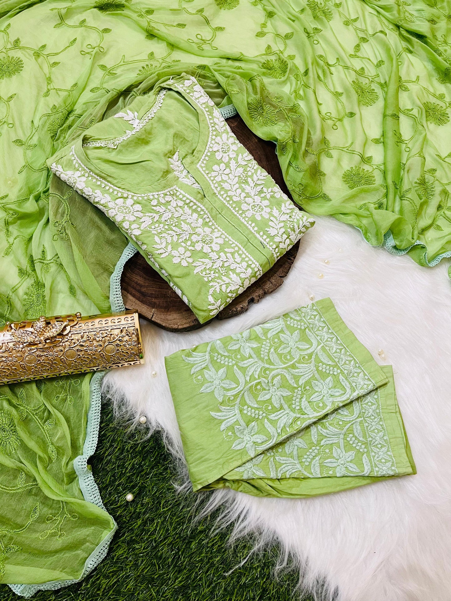 Green 3 Pc Lucknow Chikankari Handwork Kurti, Pant, and Dupatta Set - Inayakhan Shop