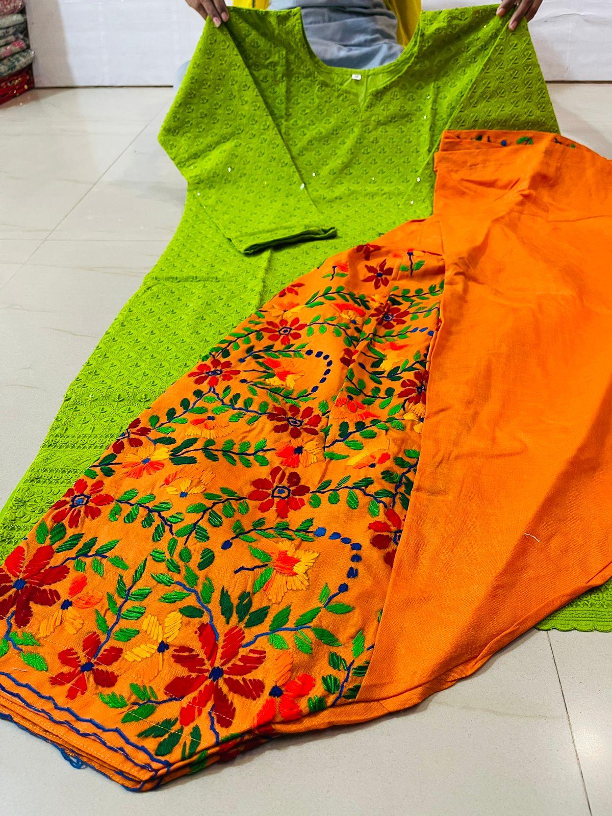 Green and Orange Sequined Splendor Chikankari Kurti and Patiala Salwar Set - Inayakhan Shop