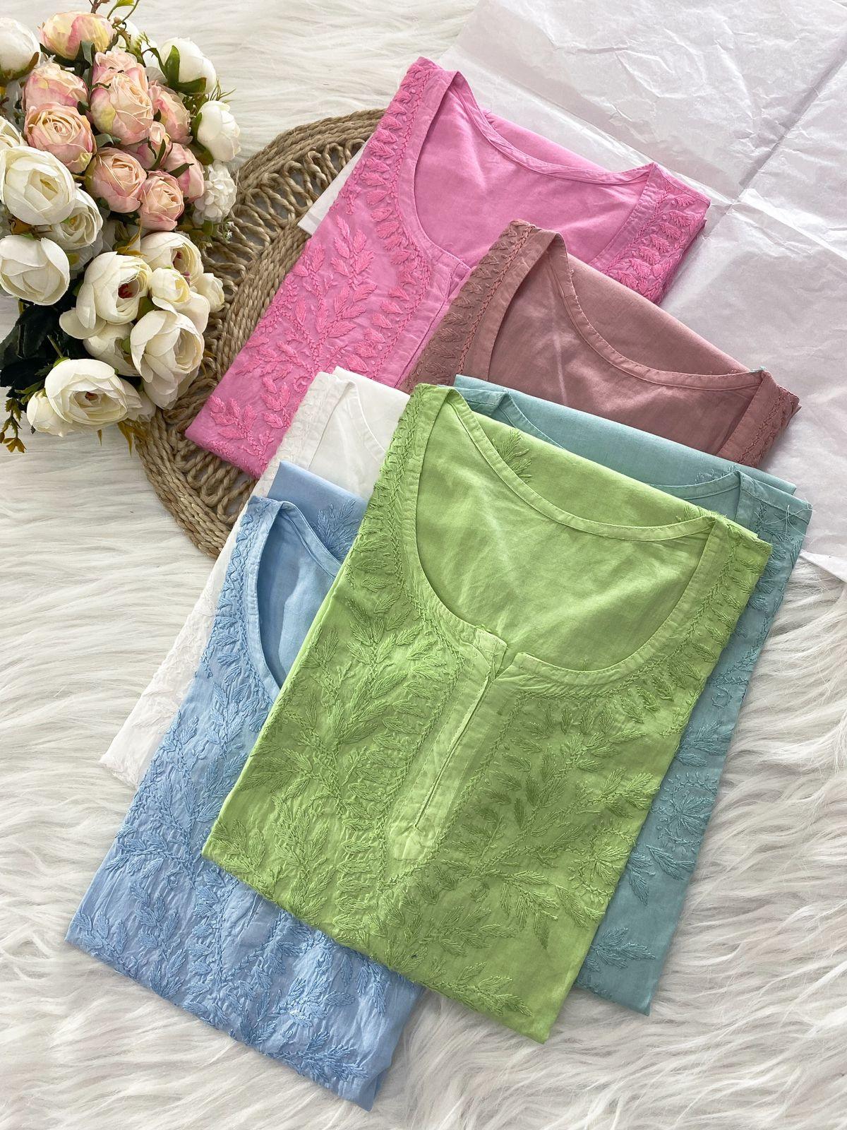 Green and White Elegant Mal Mal Chikankari Short Top & Lycra Pants Set - Inayakhan Shop