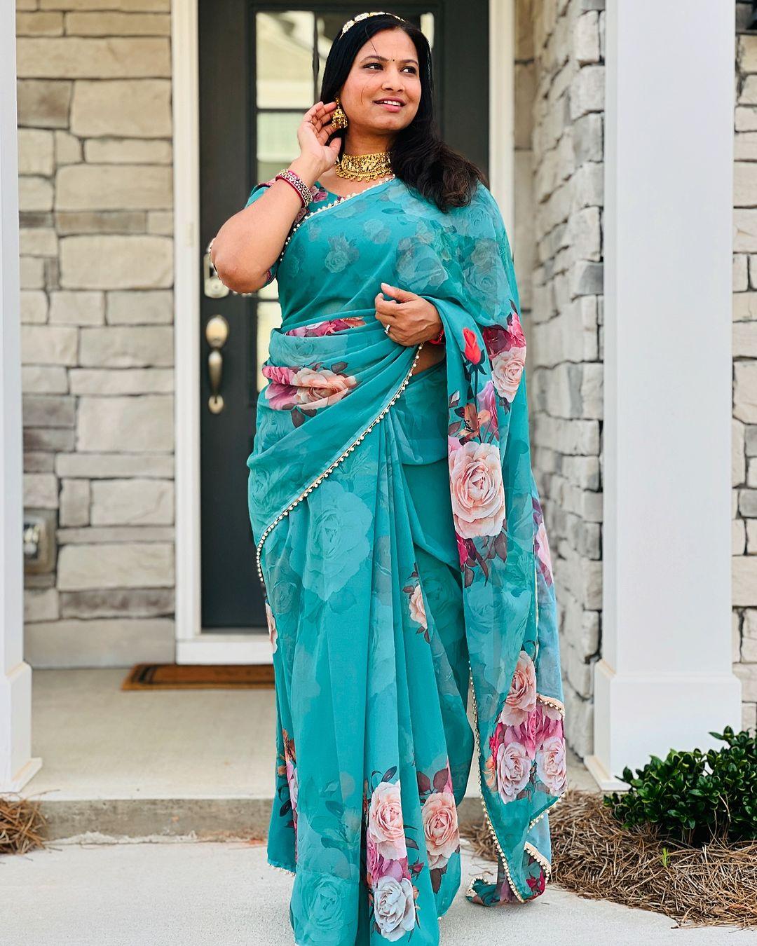 Green Floral Summer Classy Georgette Printed Saree with Pearl Lace Border - Inayakhan Shop